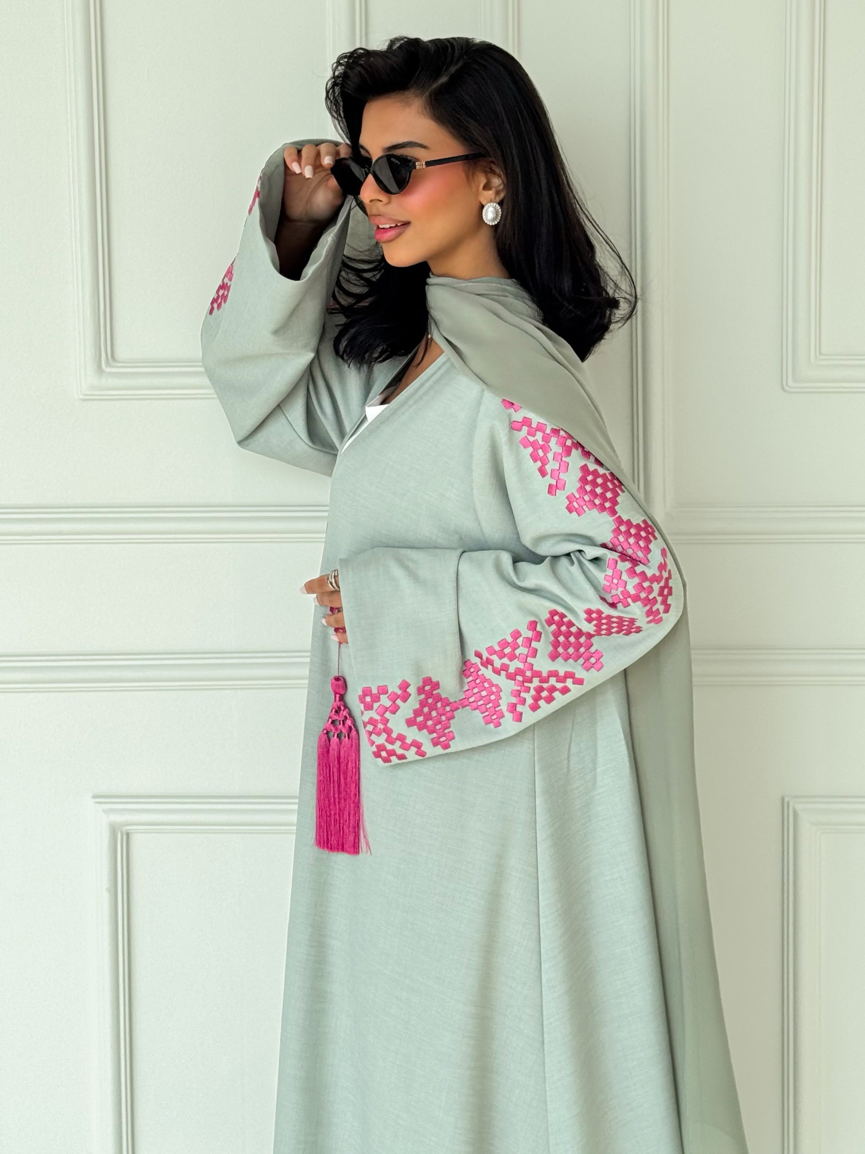 MEI623 - Light Green Abaya with Pink Embroidery