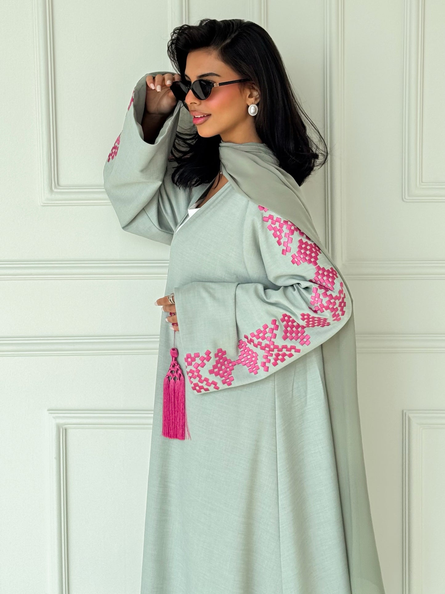 MEI623 - Light Green Abaya with Pink Embroidery