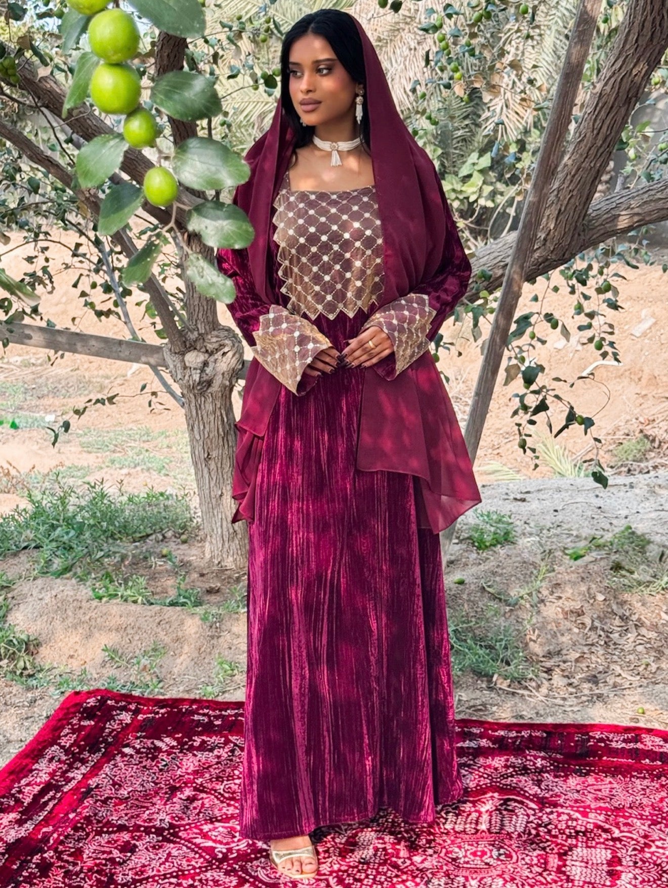 MEI671 - Burgundy Velvet & Embroidered Silk Jalabiya with Headscarf