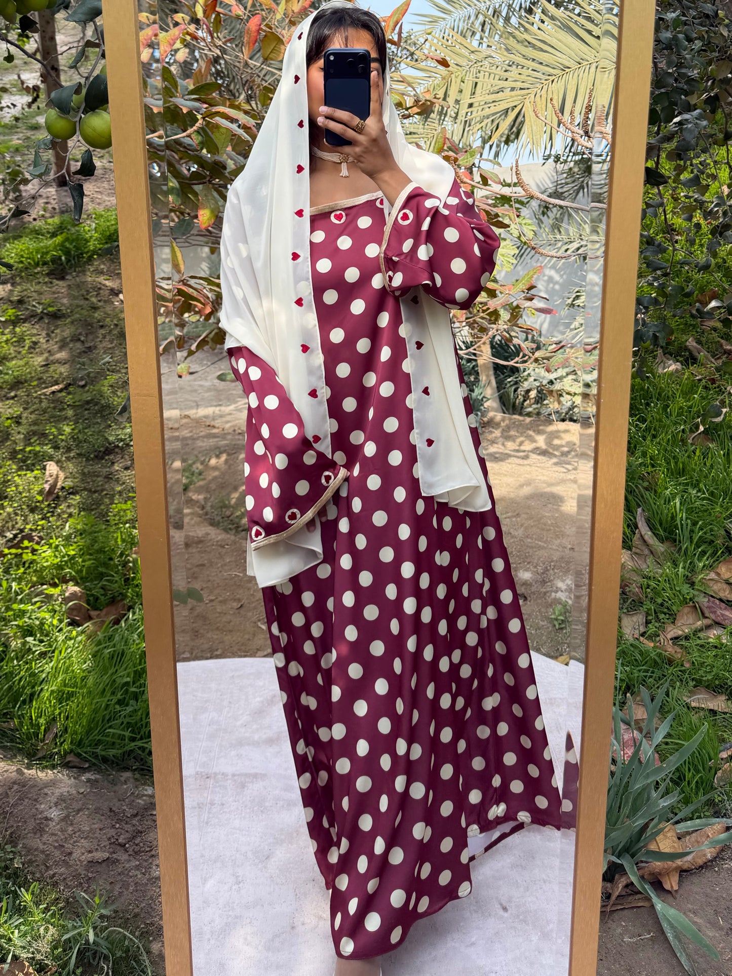 MEI693 - Maroon/Yellow Polka Dots & Hearts Embroidered Jalabiya with Headscarf