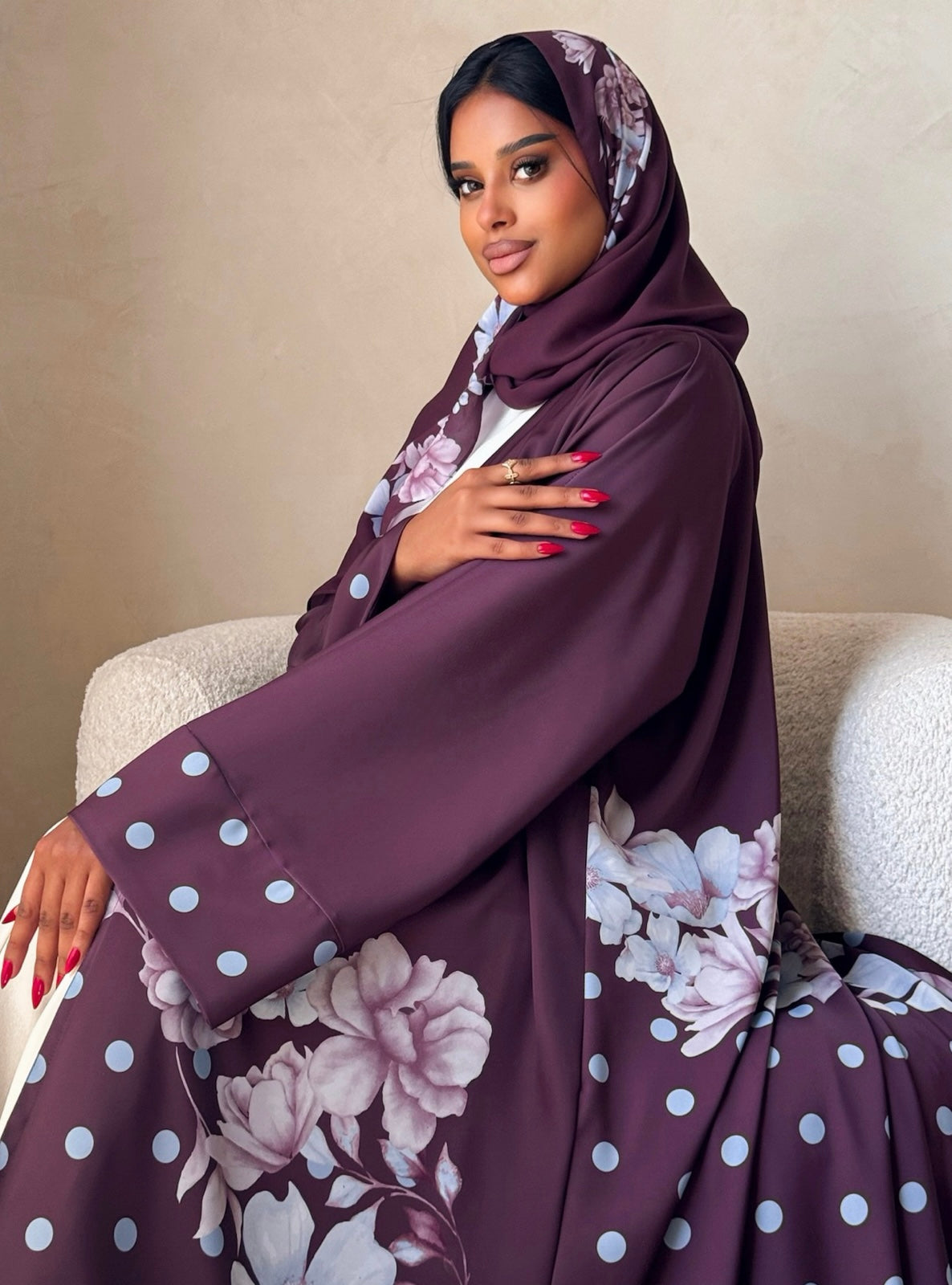 MEI742 - Plum Half Bisht Polka Floral Abaya with Matching Headscarf
