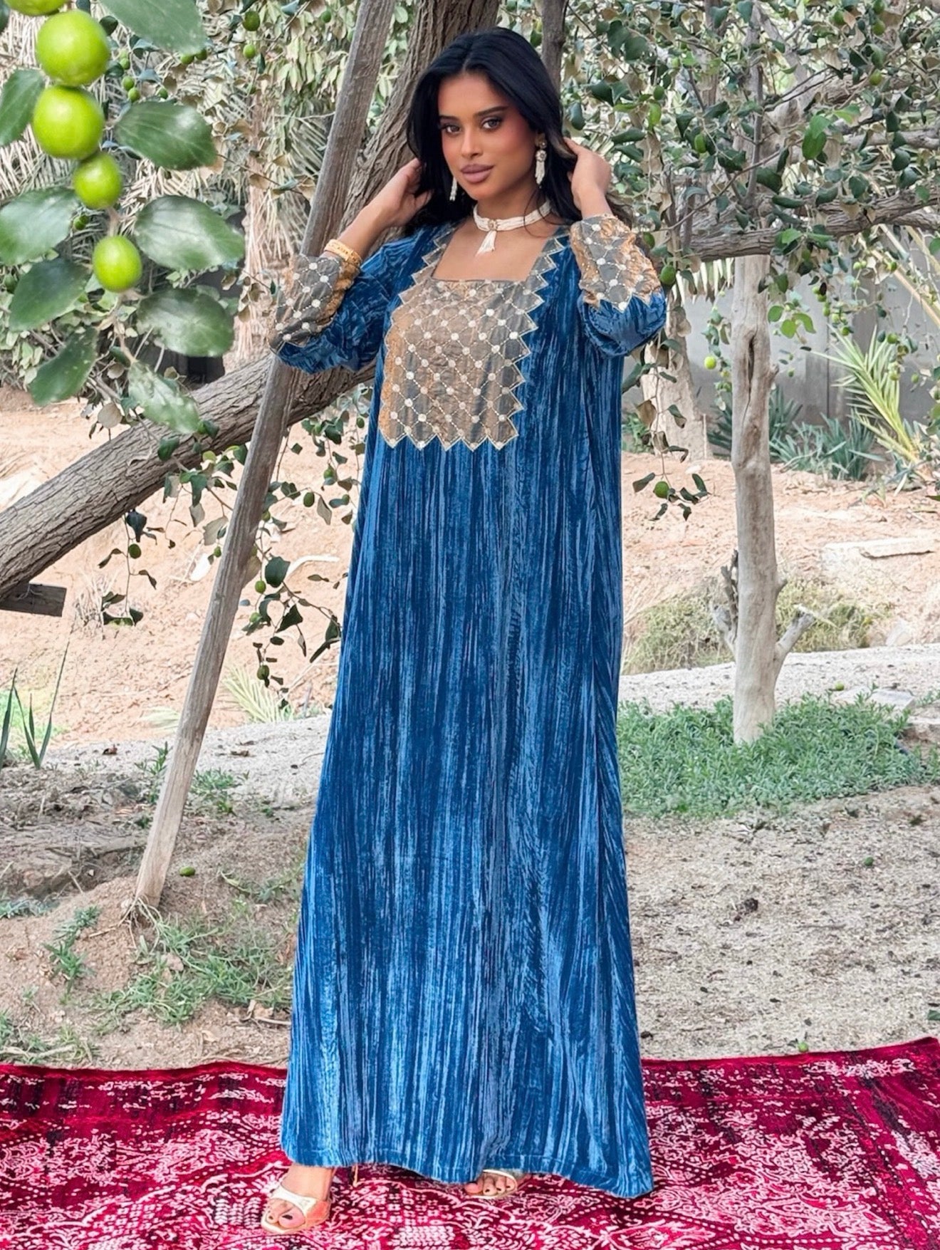 MEI670 - Blue Velvet & Embroidered Silk Jalabiya with Headscarf