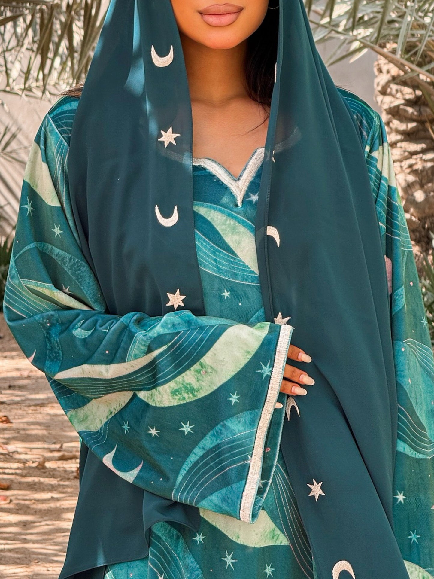 MEI706 - Green Stars & Moon Embroidered Jalabiya with Headscarf