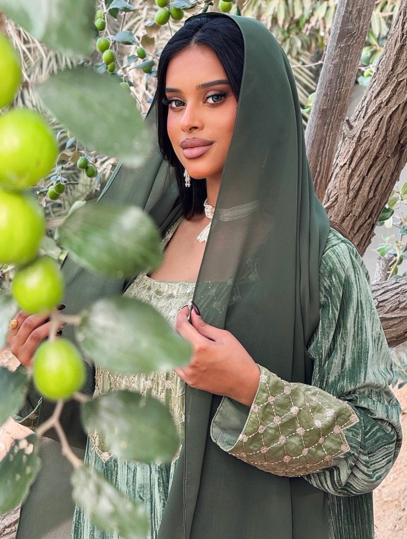 MEI669 - Green Velvet & Embroidered Silk Jalabiya with Headscarf