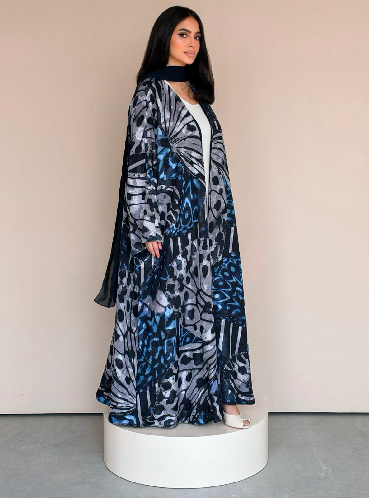 MEI786 - Mixed Prints Half Bisht Abaya with Matching Headscarf