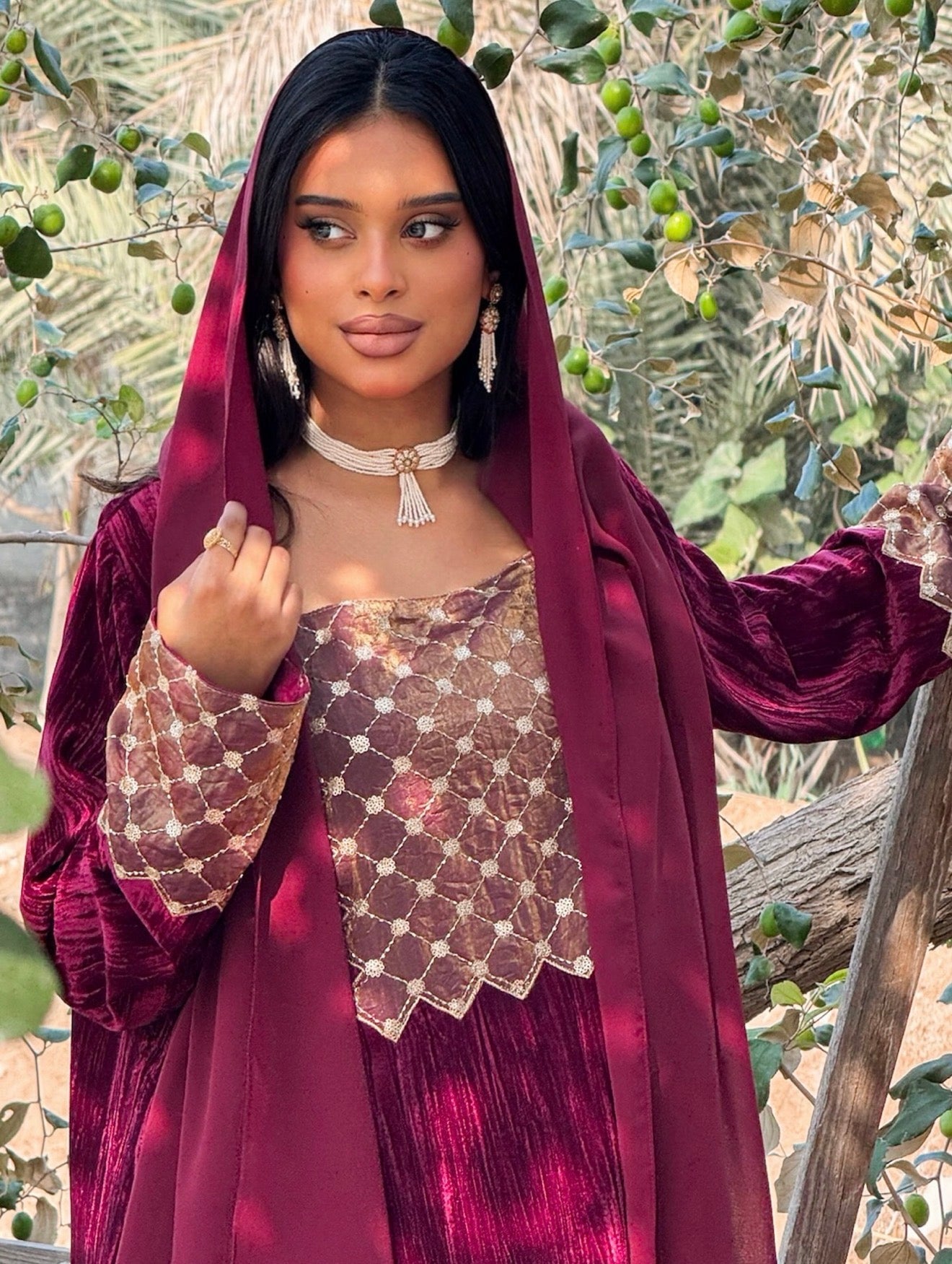 MEI671 - Burgundy Velvet & Embroidered Silk Jalabiya with Headscarf