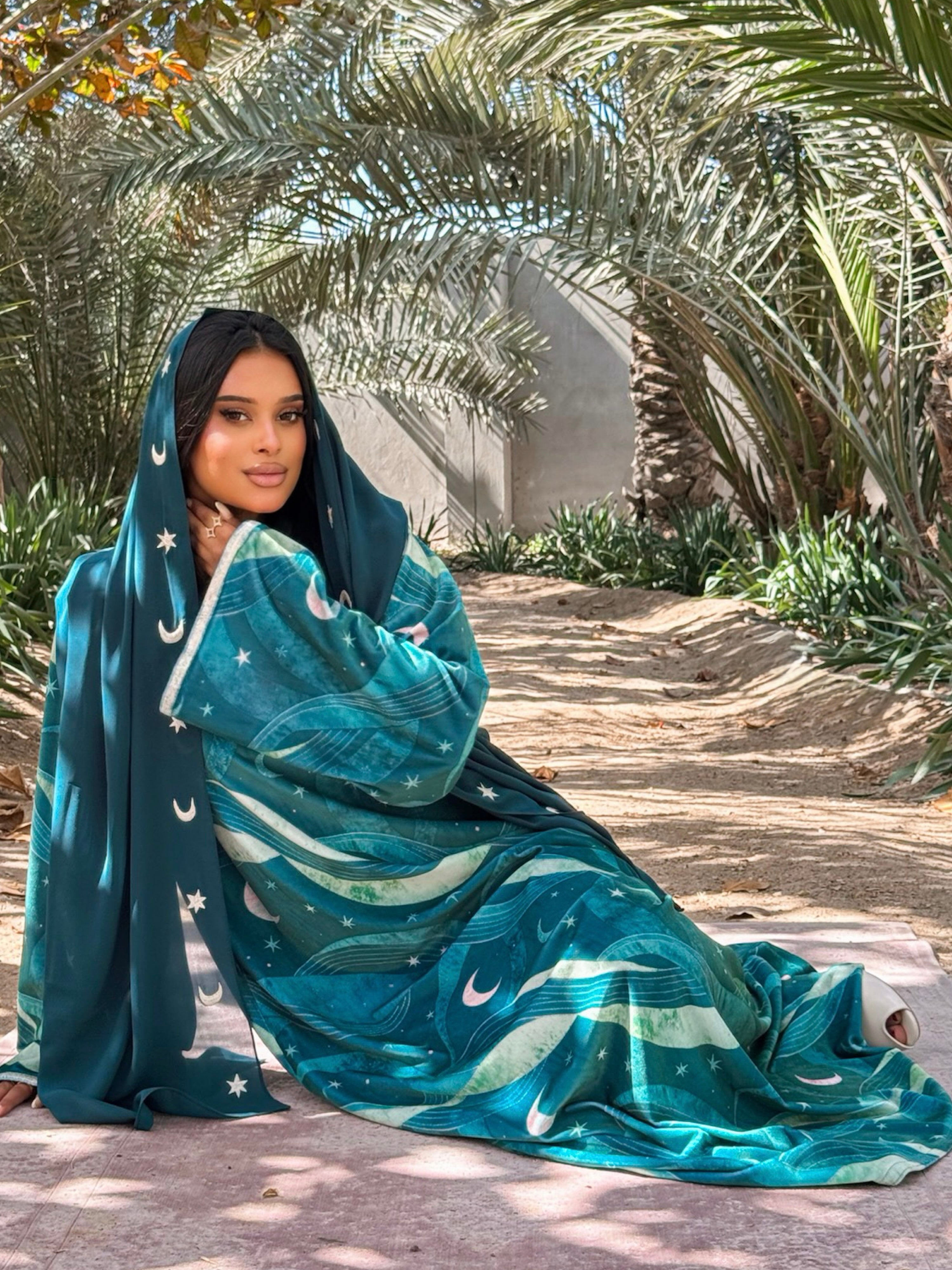 MEI706 - Green Stars & Moon Embroidered Jalabiya with Headscarf