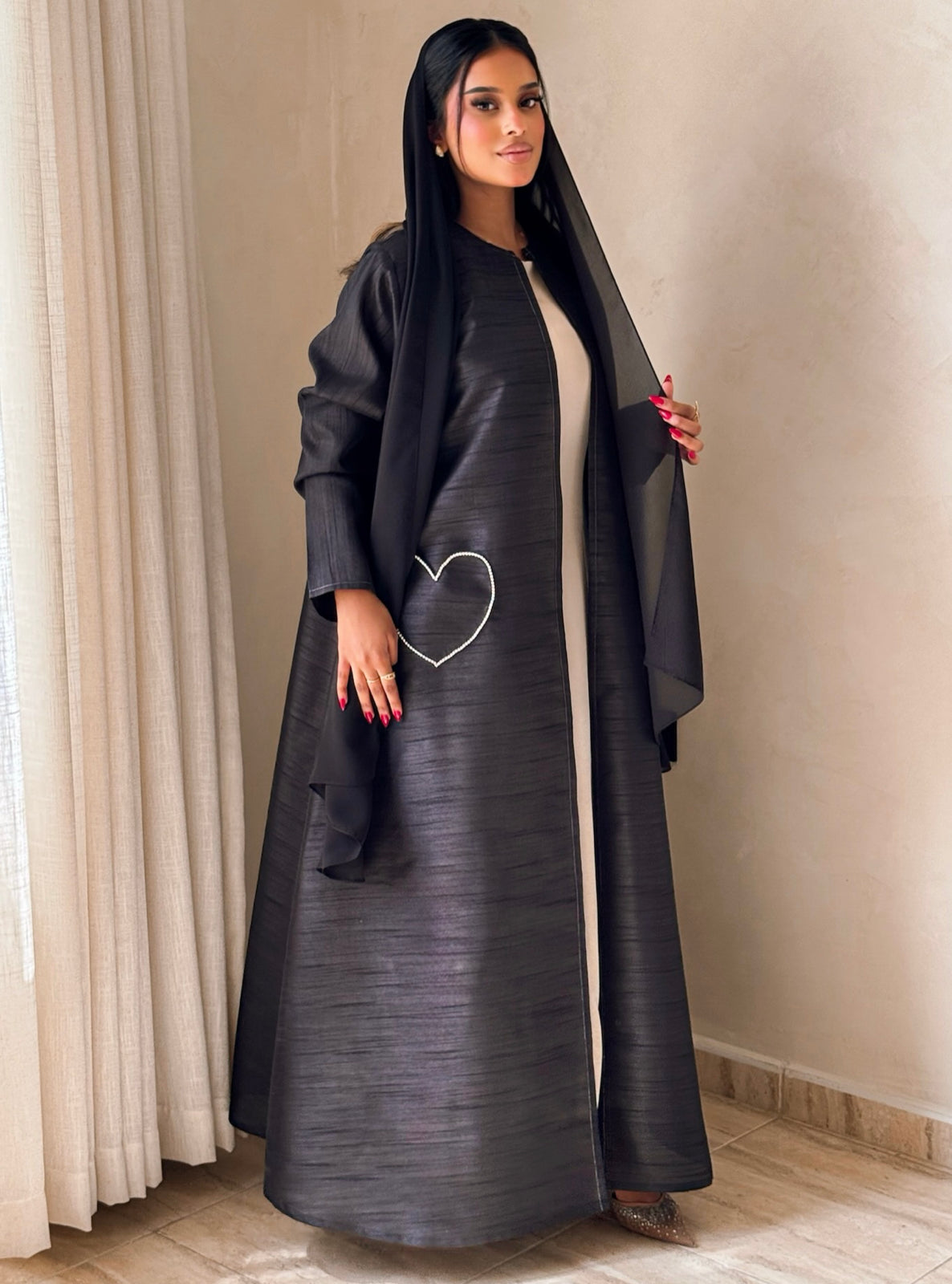 MEI730 - Black A-Cut Taffeta & Crystals Abaya with Headscarf