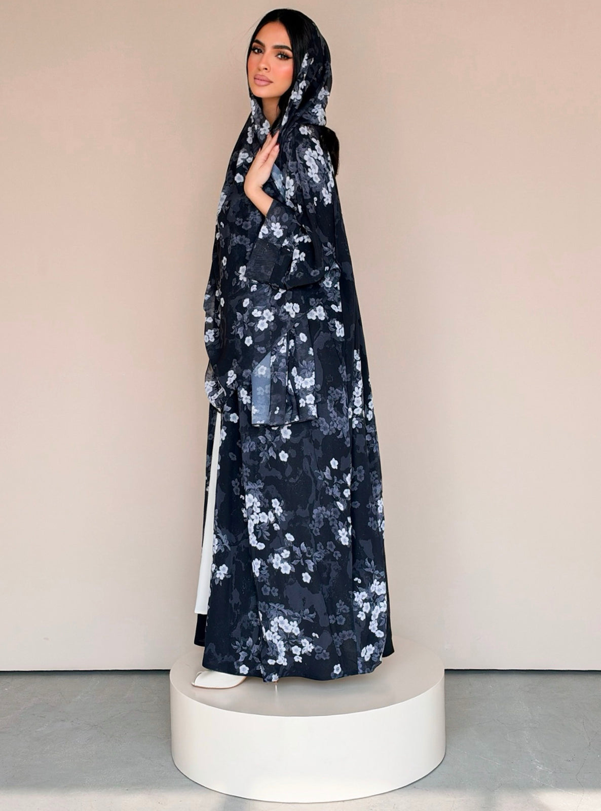 MEI777 - Floral Print Half Bisht Abaya with Matching Headscarf