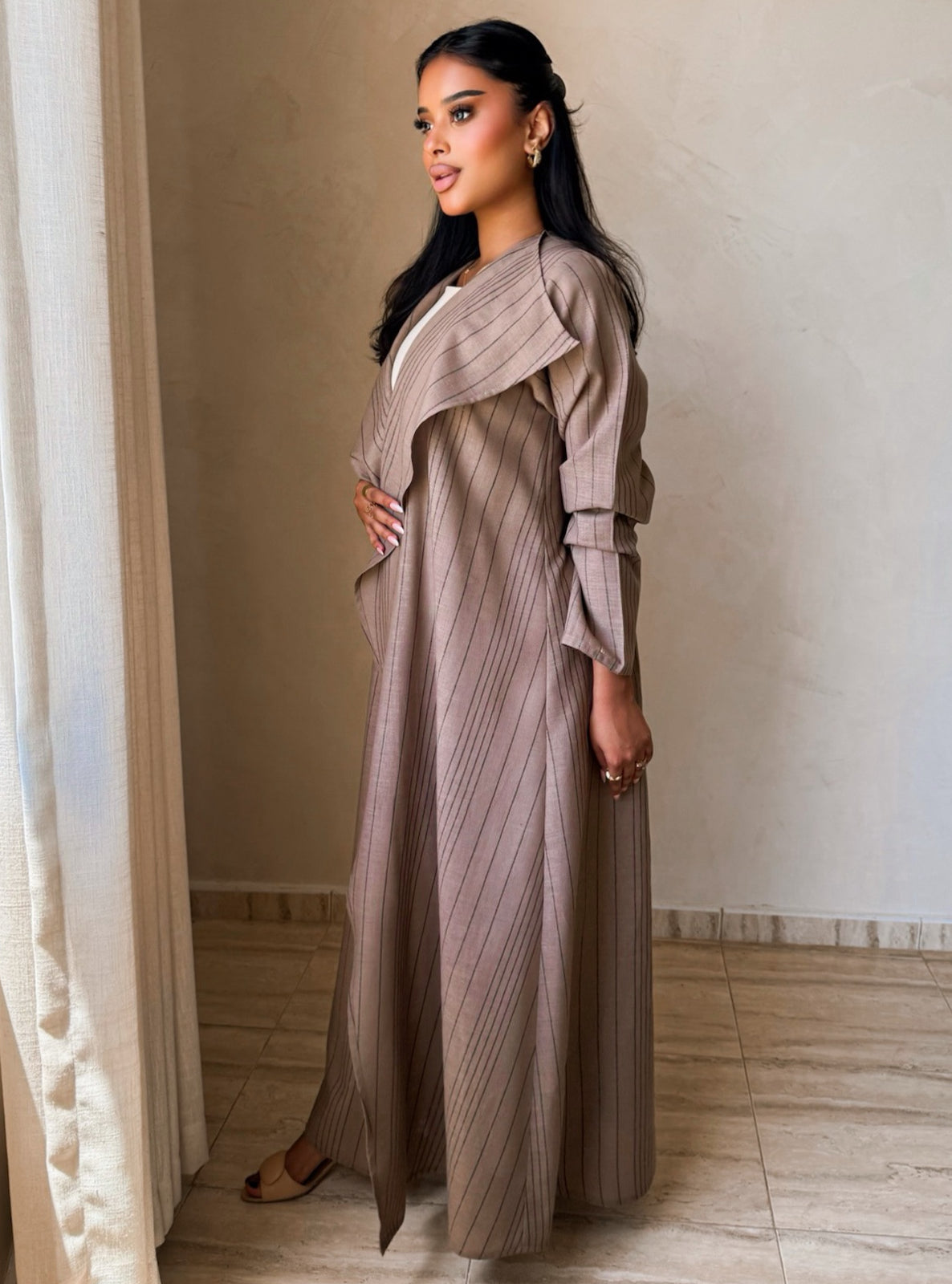 MEI749 - Striped Light Brown A-Cut Linen Abaya with Matching Headscarf