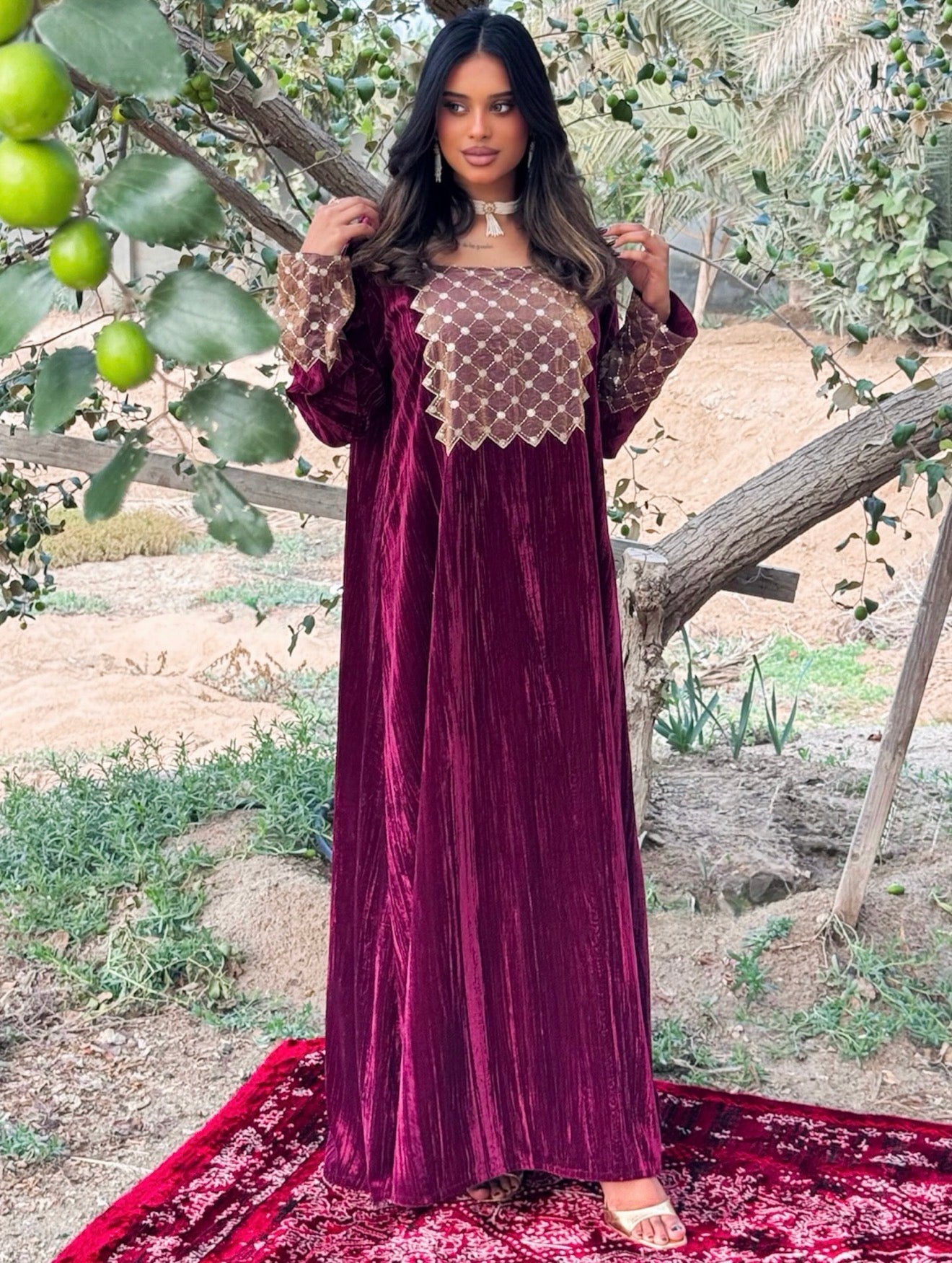 MEI671 - Burgundy Velvet & Embroidered Silk Jalabiya with Headscarf