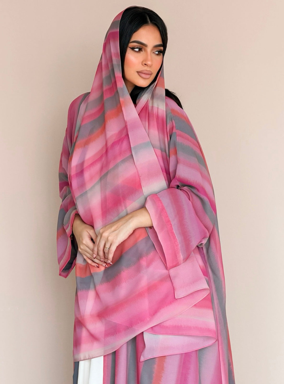 MEI784 - Striped Print Half Bisht Abaya with Matching Headscarf
