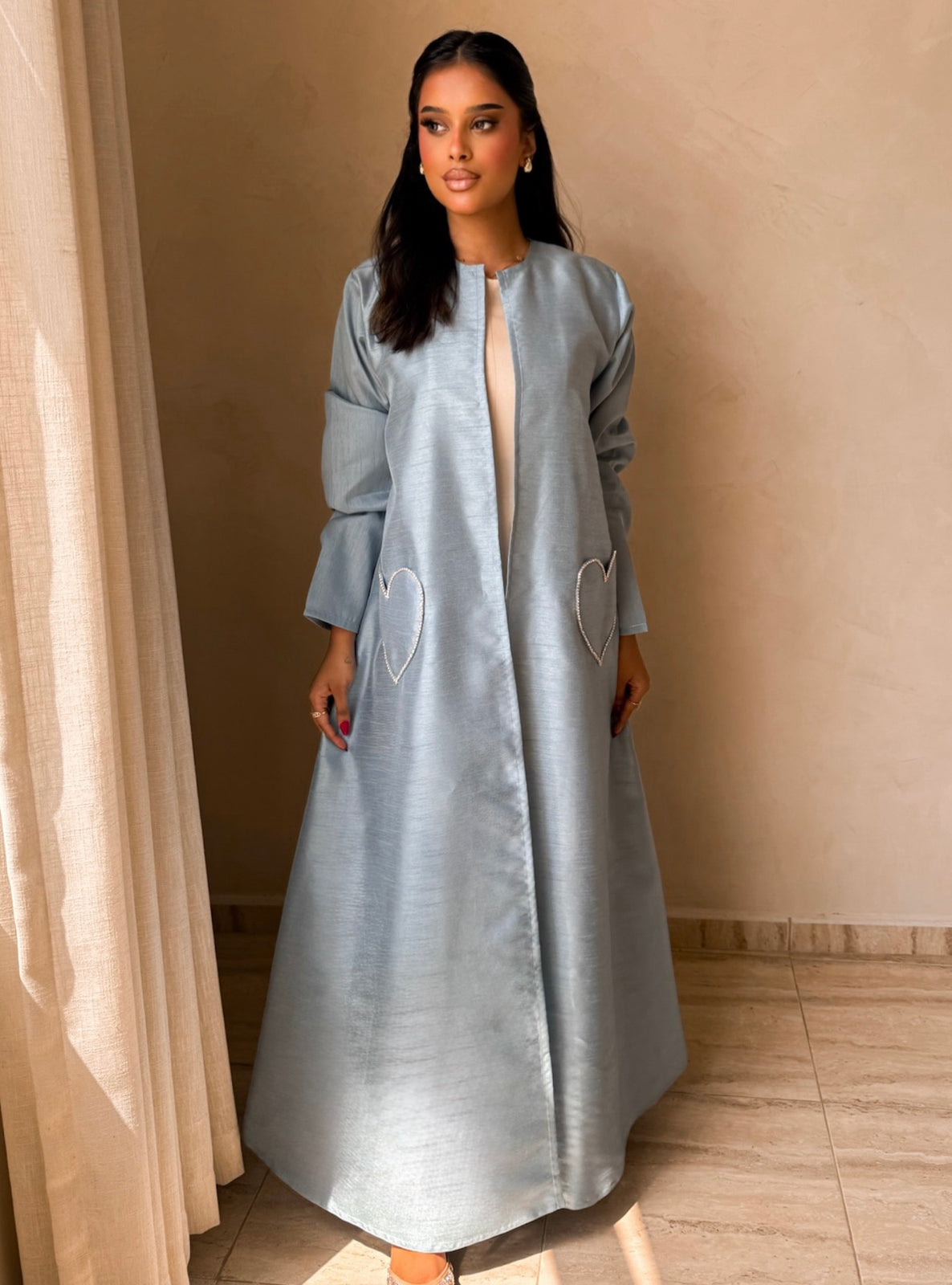 MEI726 - Light Blue A-Cut Taffeta & Crystals Abaya with Headscarf