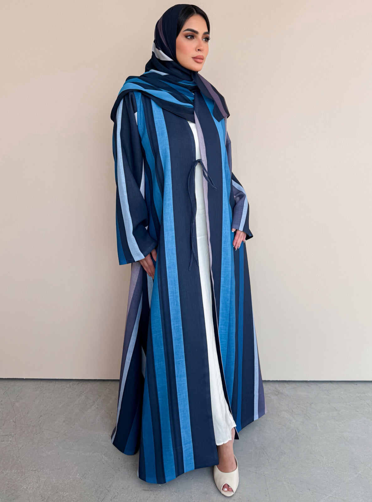 MEI763 - Striped A-Cut Linen Abaya with Matching Headscarf
