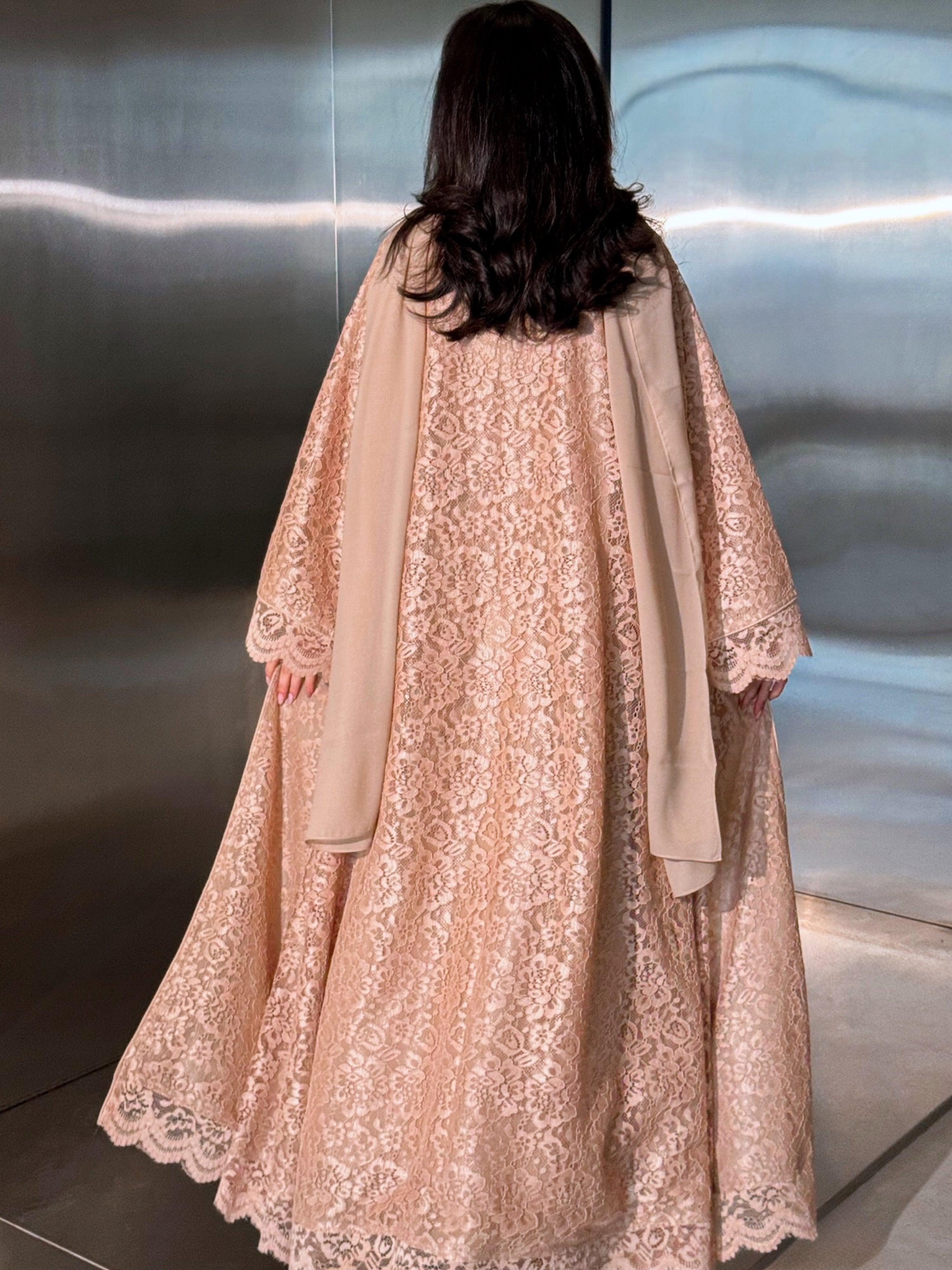 MEI714 - Beige Lace Abaya with Matching Headscarf