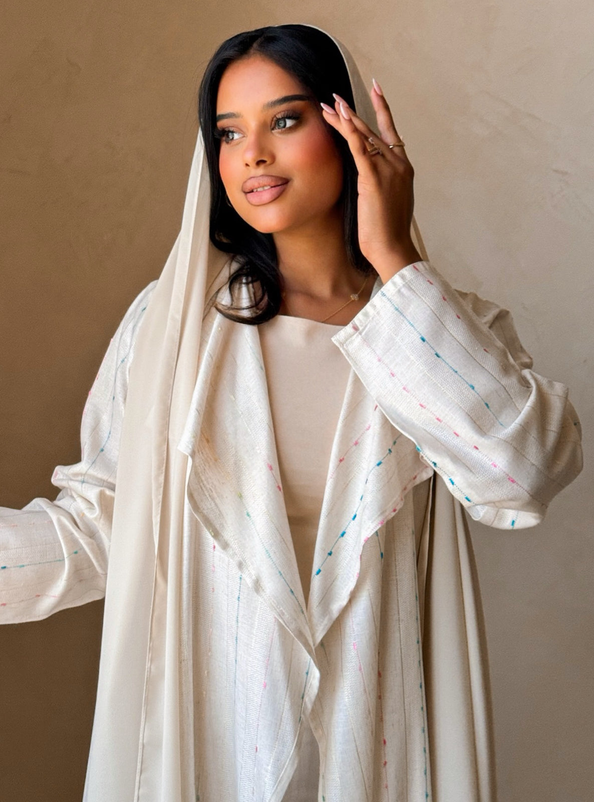 MEI746 - Striped Soft Ivory A-Cut Linen Abaya with Matching Headscarf