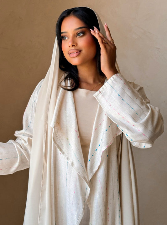 MEI746 - Striped Soft Ivory A-Cut Linen Abaya with Matching Headscarf