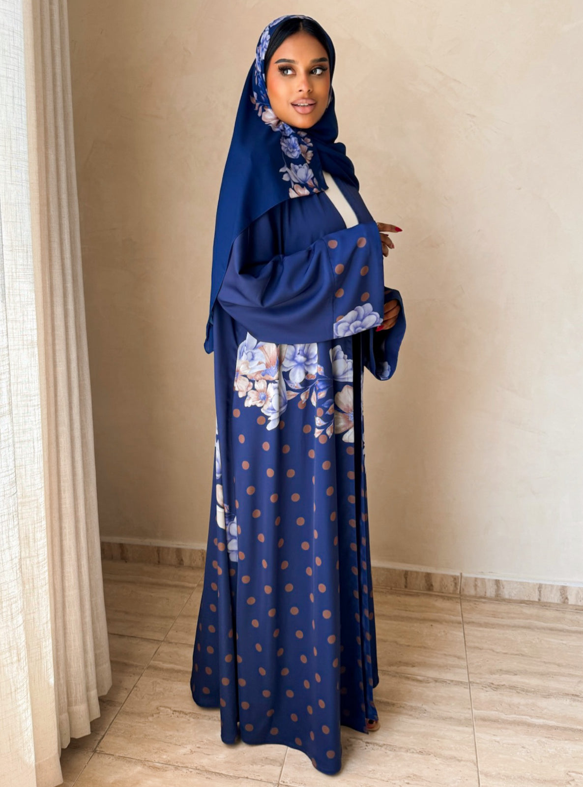 MEI740 - Sapphire Blue Half Bisht Polka Floral Abaya with Matching Headscarf