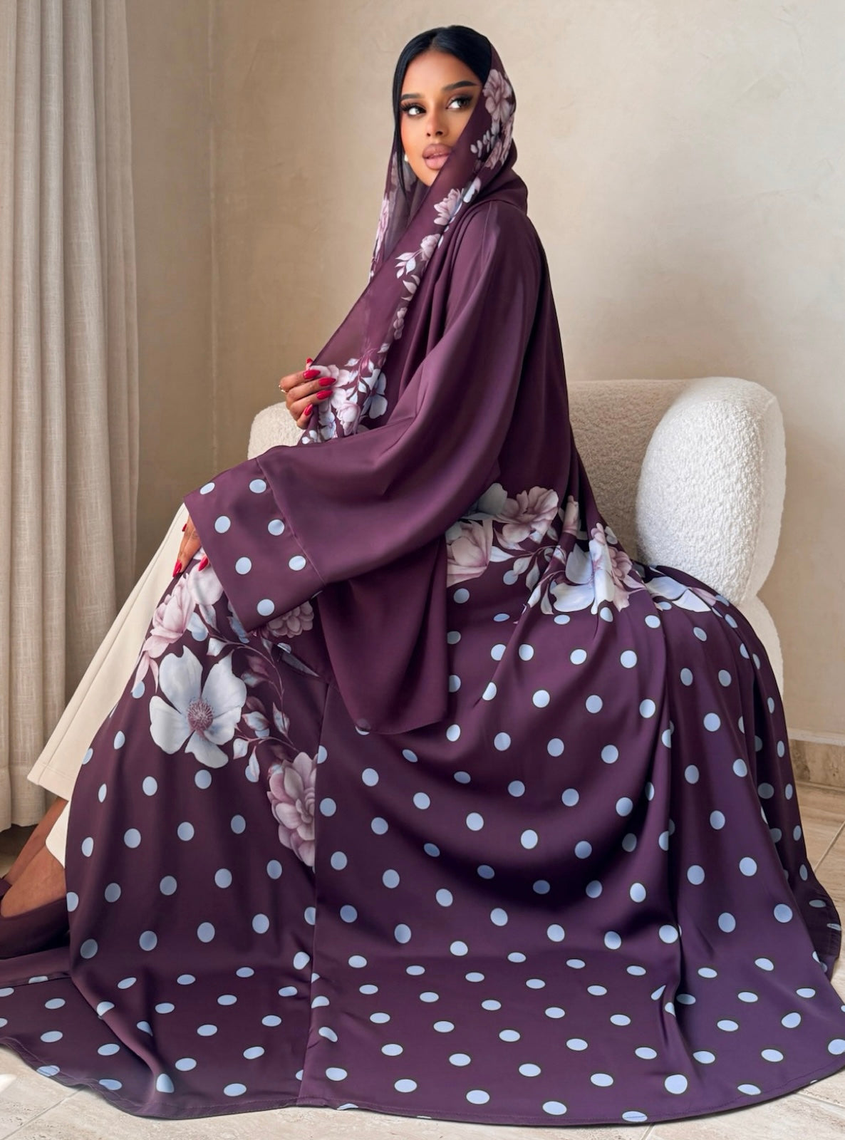 MEI742 - Plum Half Bisht Polka Floral Abaya with Matching Headscarf