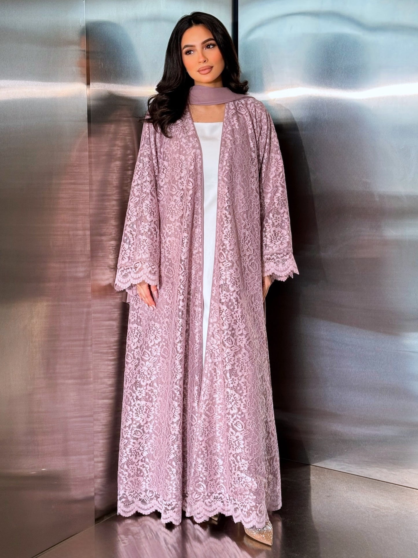 MEI715 - Pink A-Cut Lace Abaya with Matching Headscarf