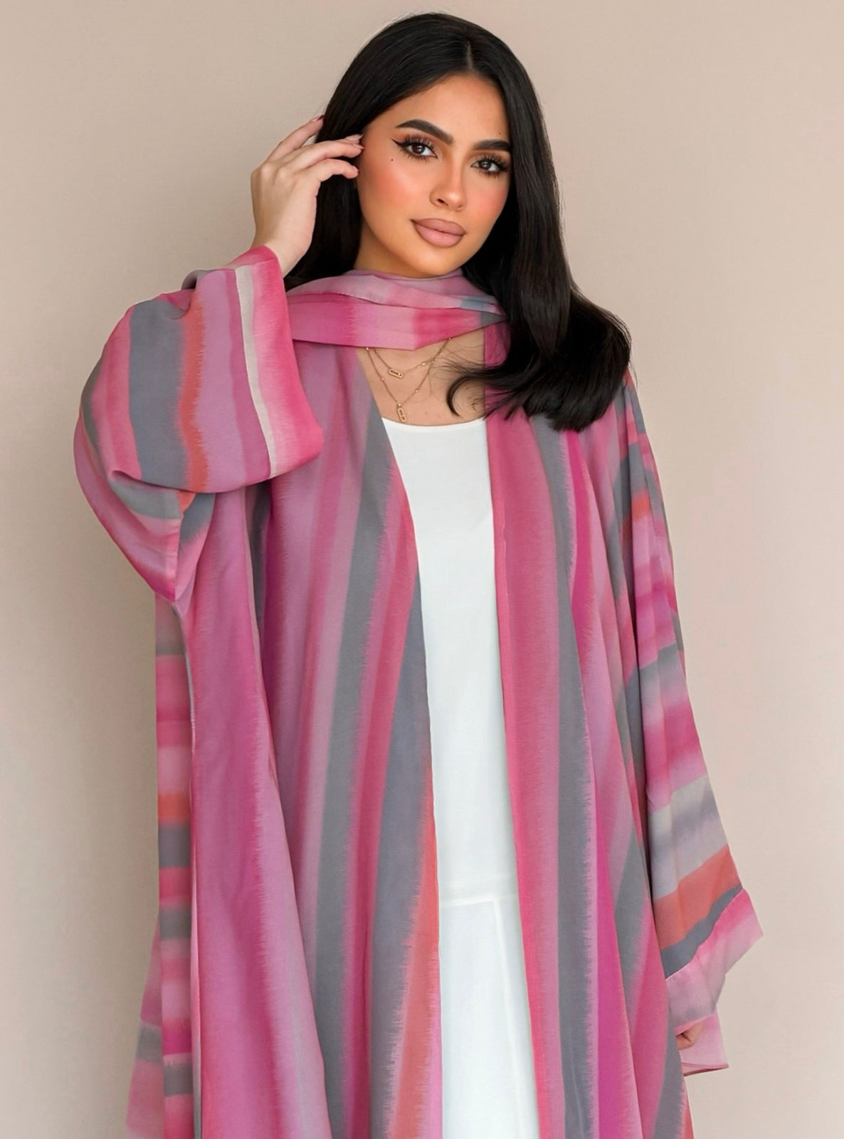 MEI784 - Striped Print Half Bisht Abaya with Matching Headscarf