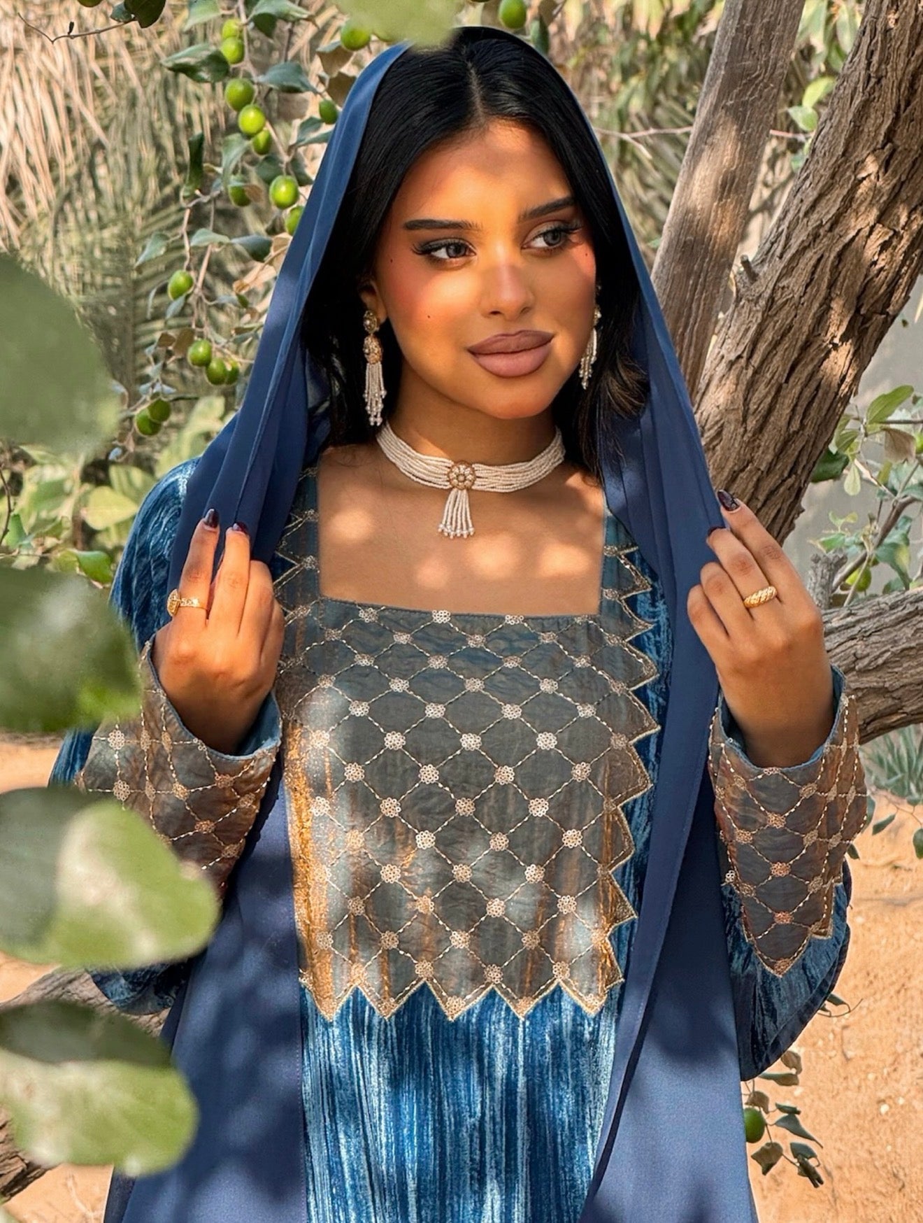 MEI670 - Blue Velvet & Embroidered Silk Jalabiya with Headscarf