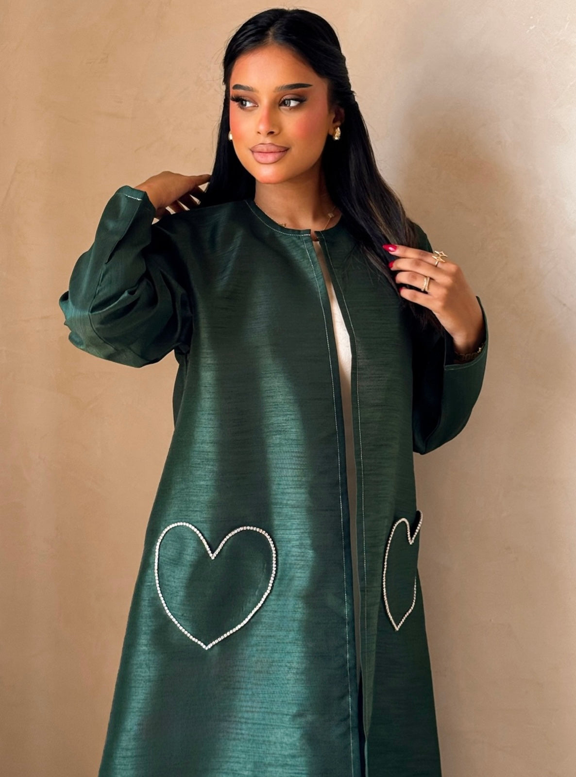 MEI727 - Green A-Cut Taffeta & Crystals Abaya with Headscarf