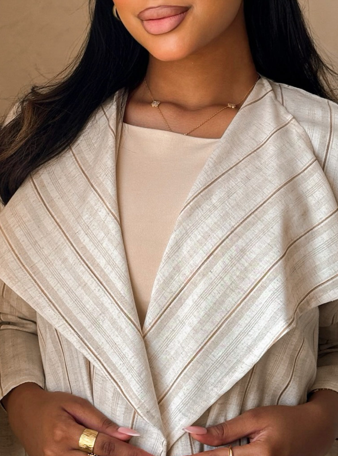 MEI748 - Striped Light Oat A-Cut Linen Abaya with Matching Headscarf
