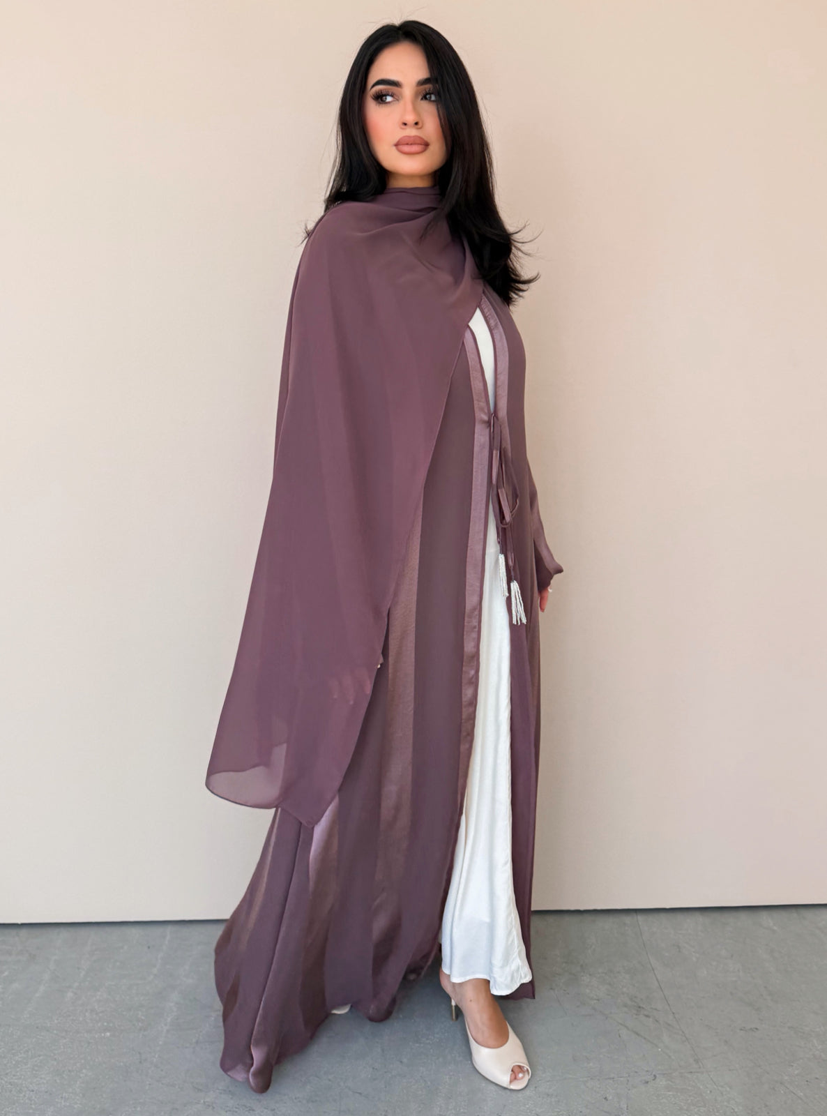 MEI769 - Aura A-Cut Abaya in Dusty Mauve with Matching Headscarf