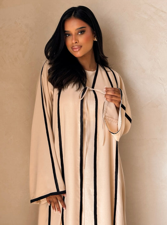 MEI736 - Beige A-Cut Abaya with Black Embroidery & Matching Headscarf