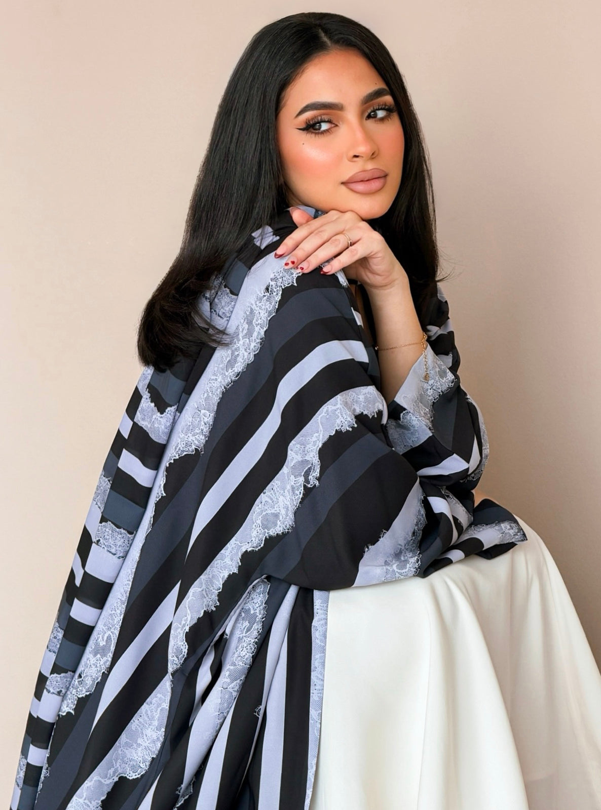 MEI782 - Stripes & Lace Print Half Bisht Abaya with Matching Headscarf
