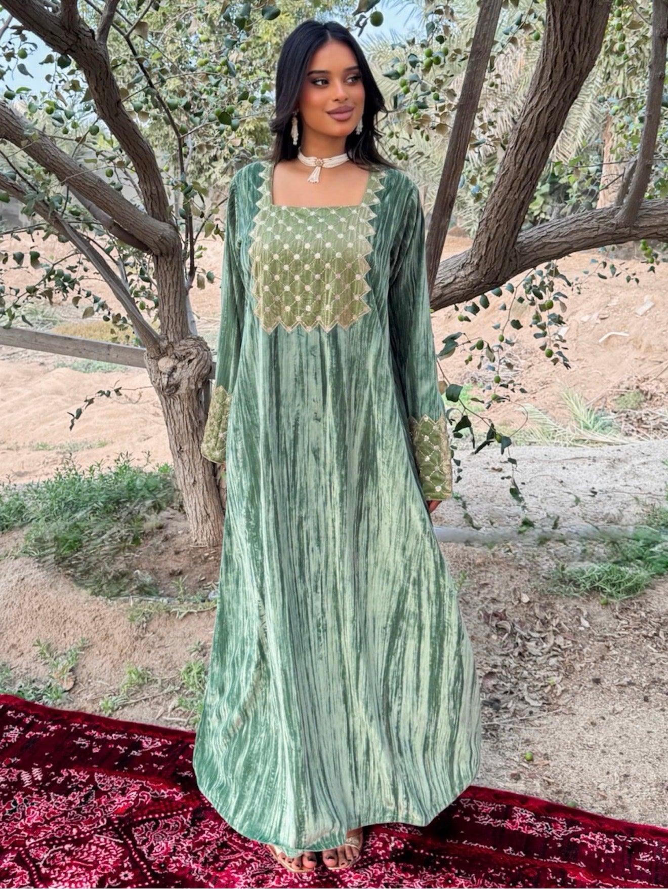 MEI669 - Green Velvet & Embroidered Silk Jalabiya with Headscarf