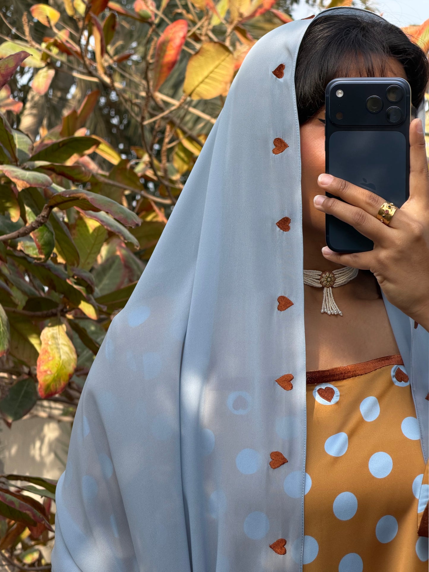 MEI691 - Gold/Baby Blue Polka Dots & Hearts Embroidered Jalabiya with Headscarf