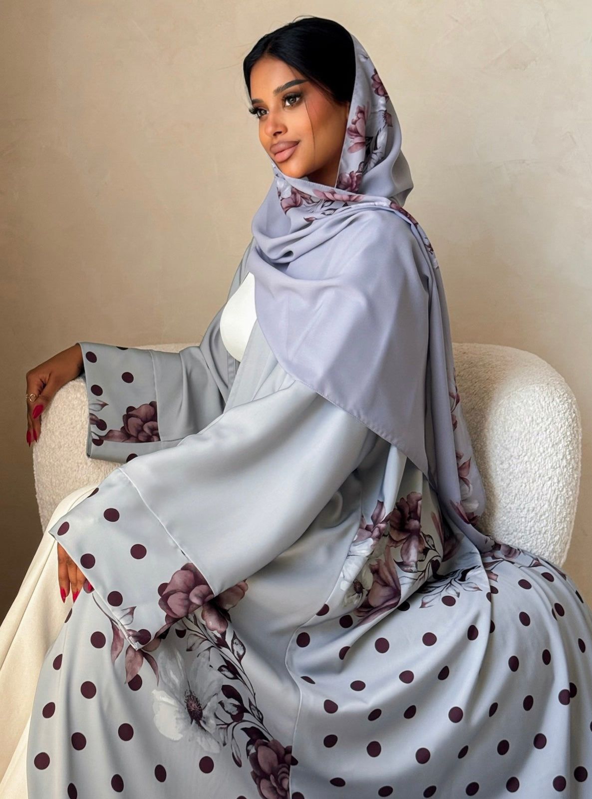 MEI741 - Grey Half Bisht Polka Floral Abaya with Matching Headscarf