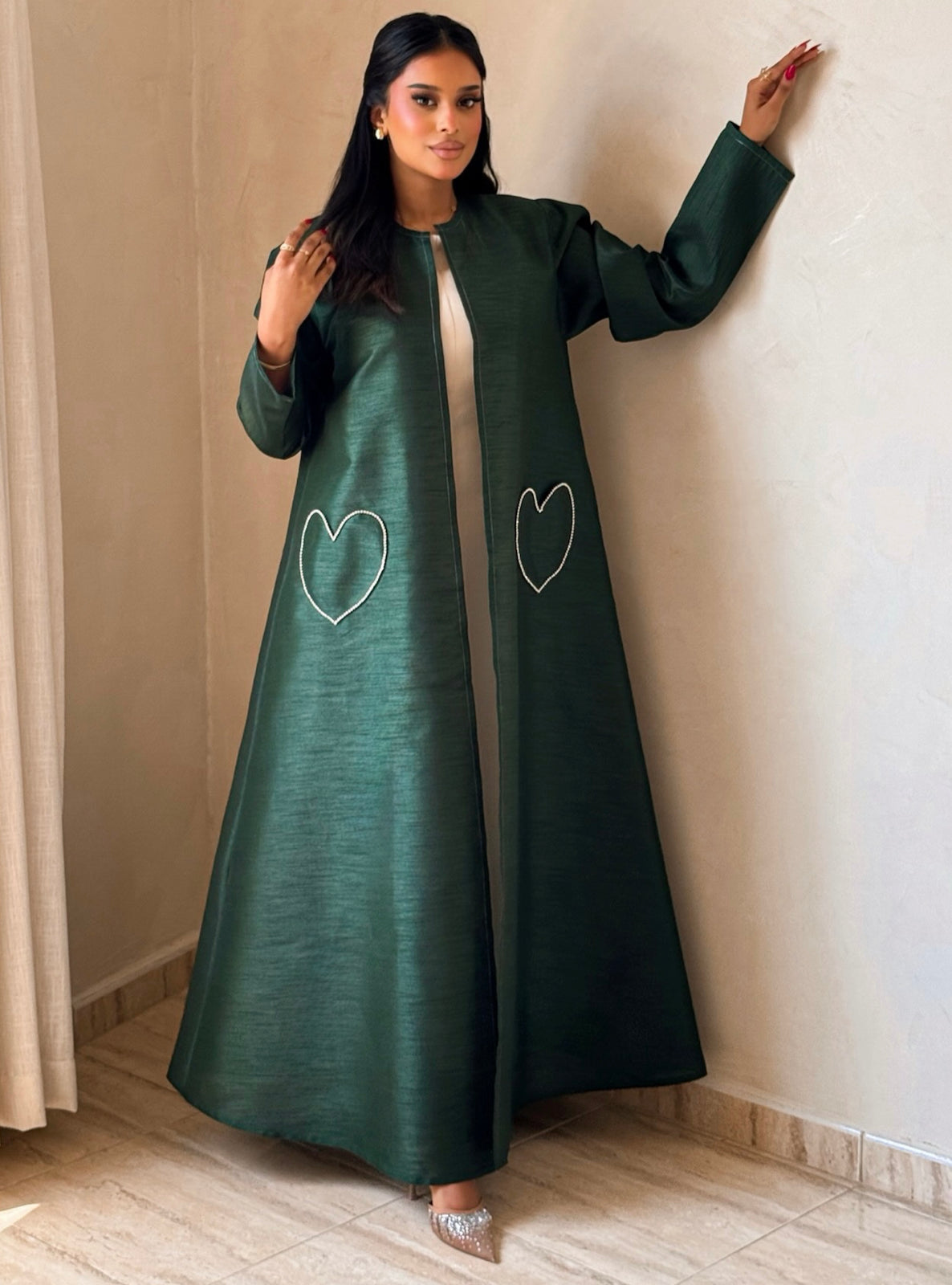 MEI727 - Green A-Cut Taffeta & Crystals Abaya with Headscarf