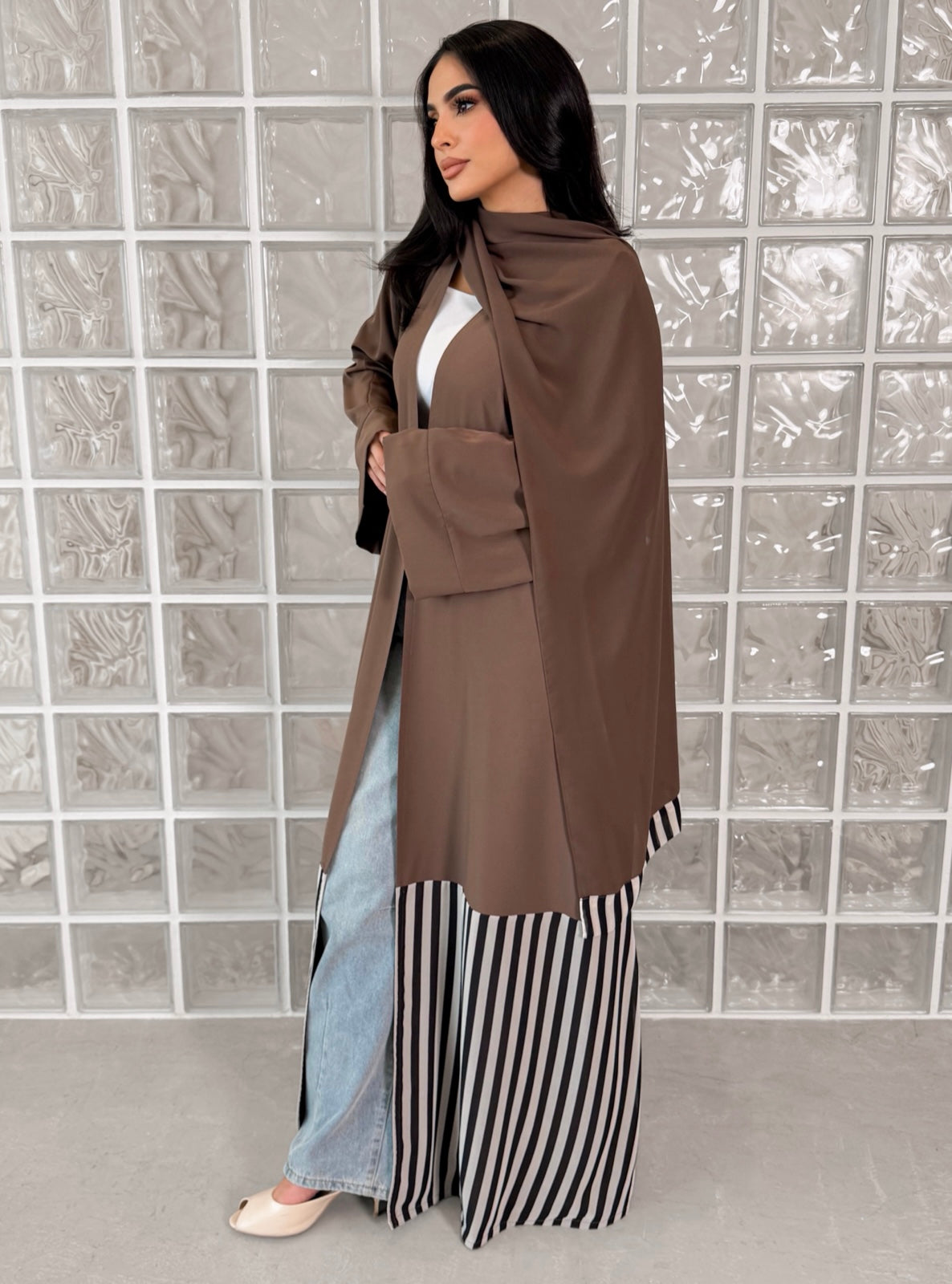 MEI760 - Linear Crepe Square Cut Abaya in Mocha Taupe