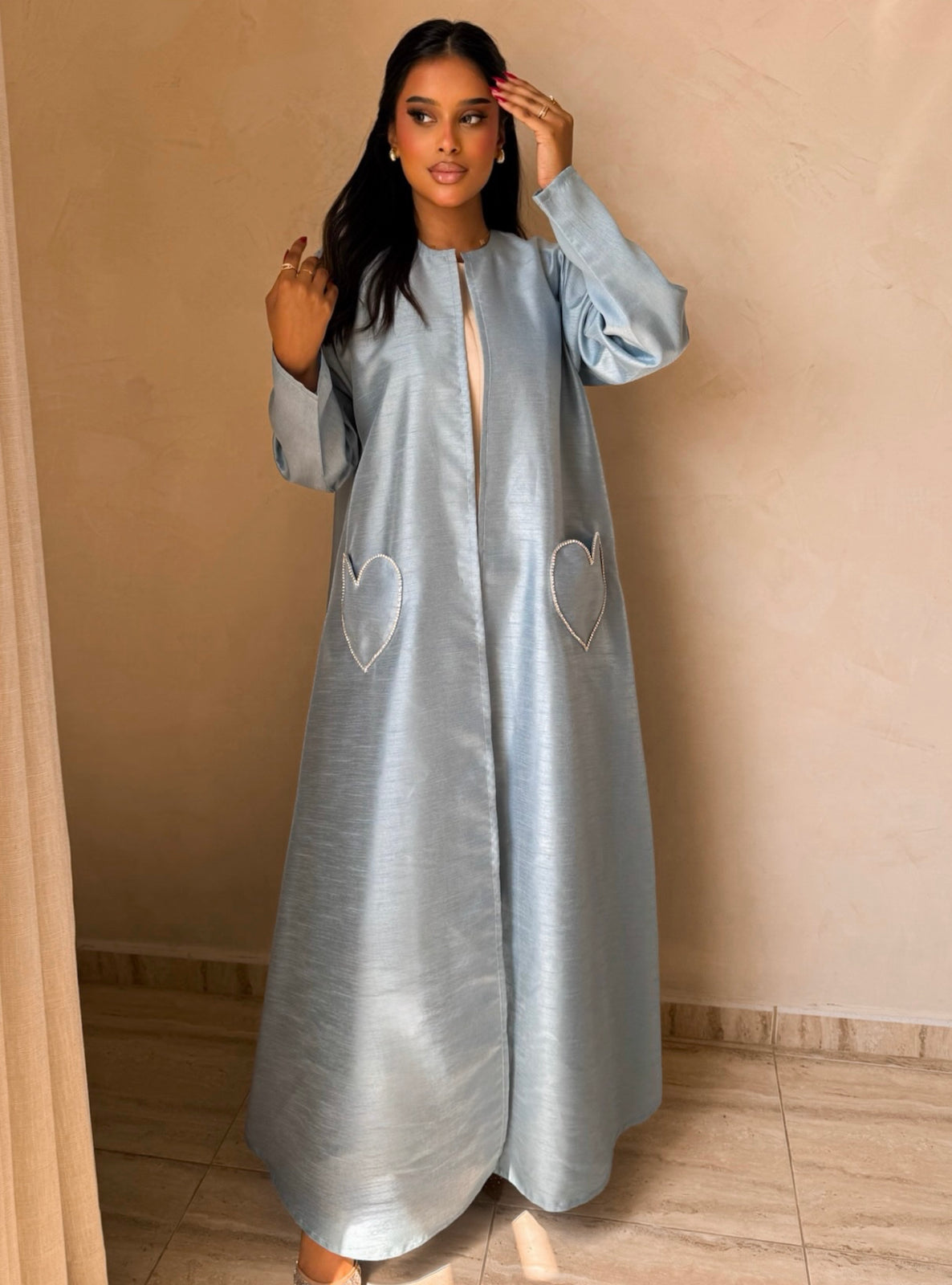 MEI726 - Light Blue A-Cut Taffeta & Crystals Abaya with Headscarf