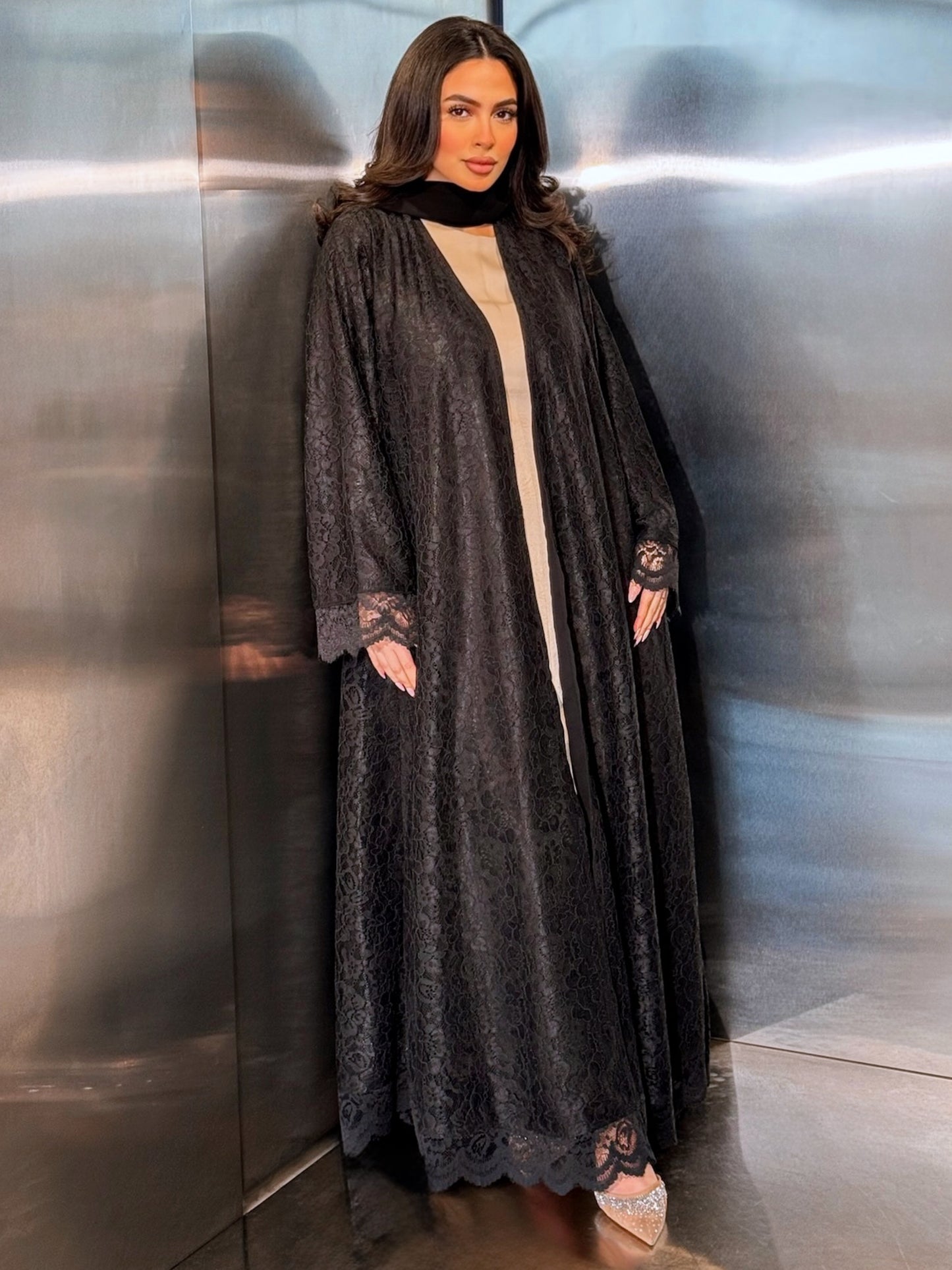MEI711 - Black Lace Abaya with Matching Headscarf