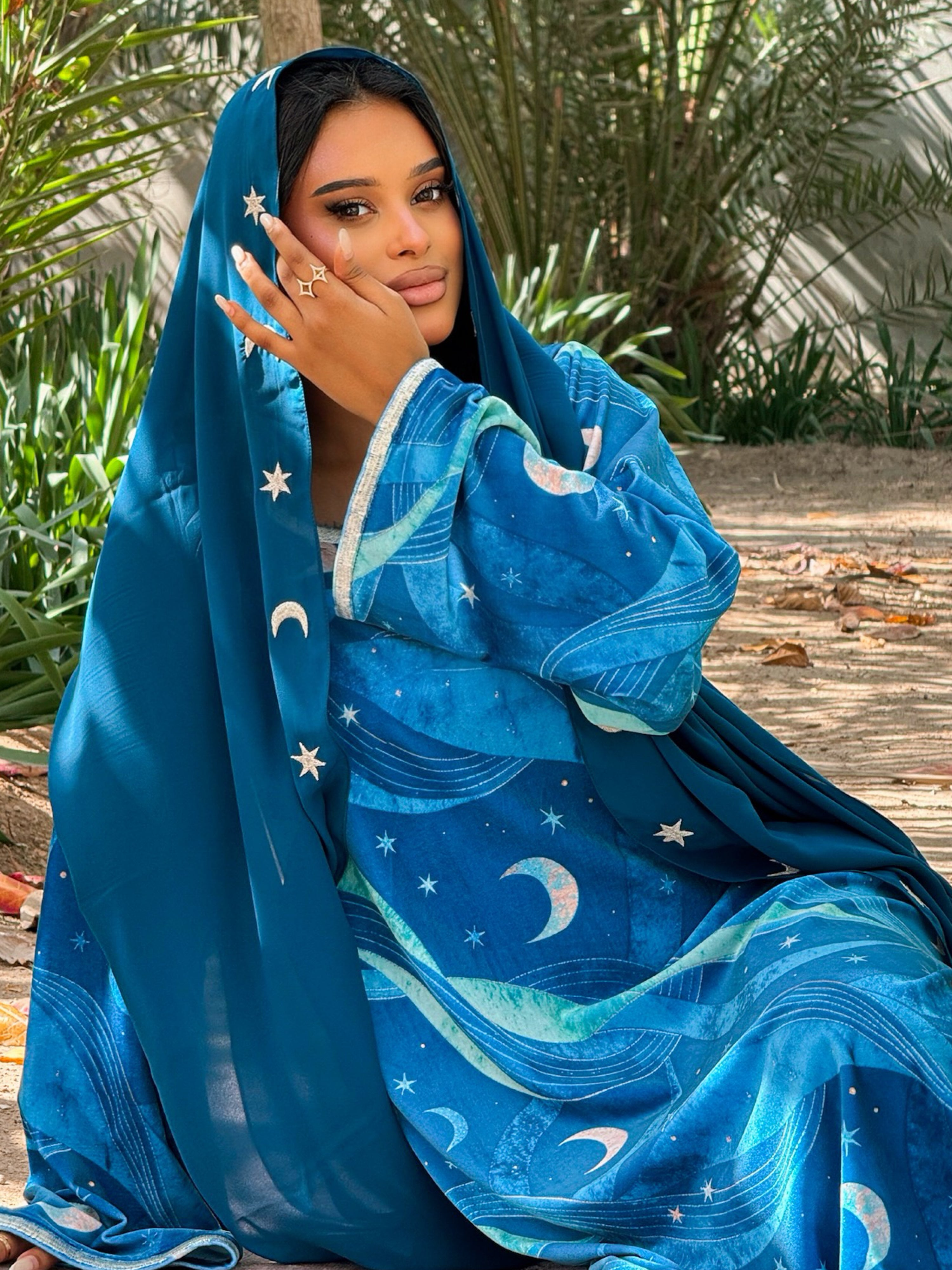 MEI707 - Teal Stars & Moon Embroidered Jalabiya with Headscarf