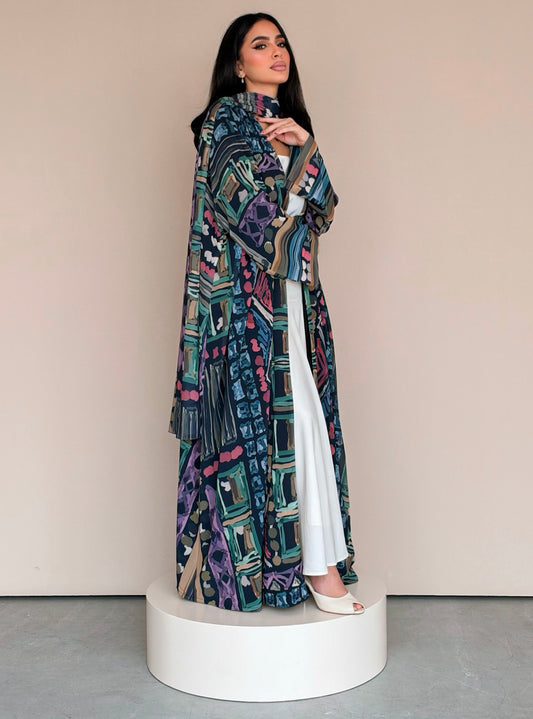 MEI789 - Abstract Geometric Print Half Bisht Abaya with Matching Headscarf