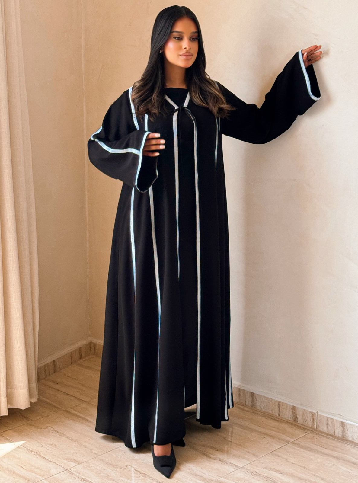 MEI733 - Black A-Cut Abaya with Light Blue Embroidery & Matching Headscarf