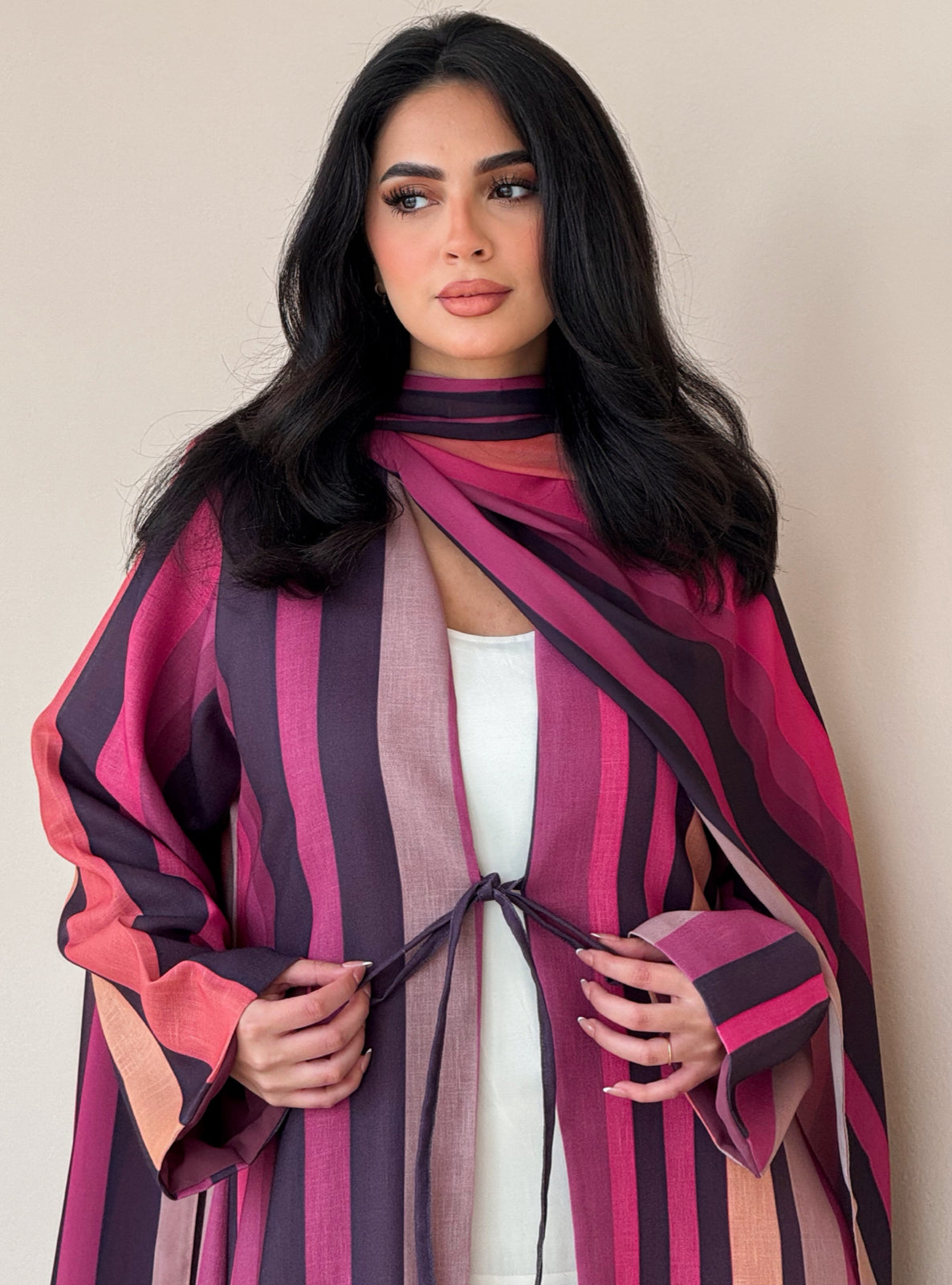 MEI764 - Striped A-Cut Linen Abaya with Matching Headscarf