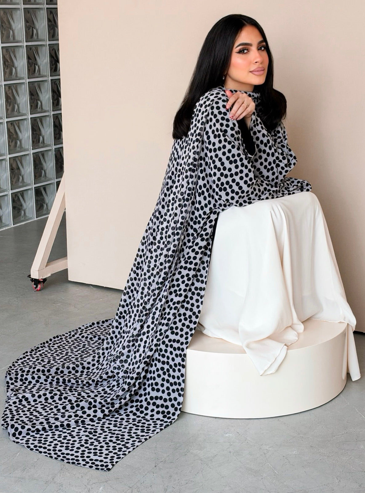 MEI780 - Polka Dots Half Bisht Abaya with Matching Headscarf
