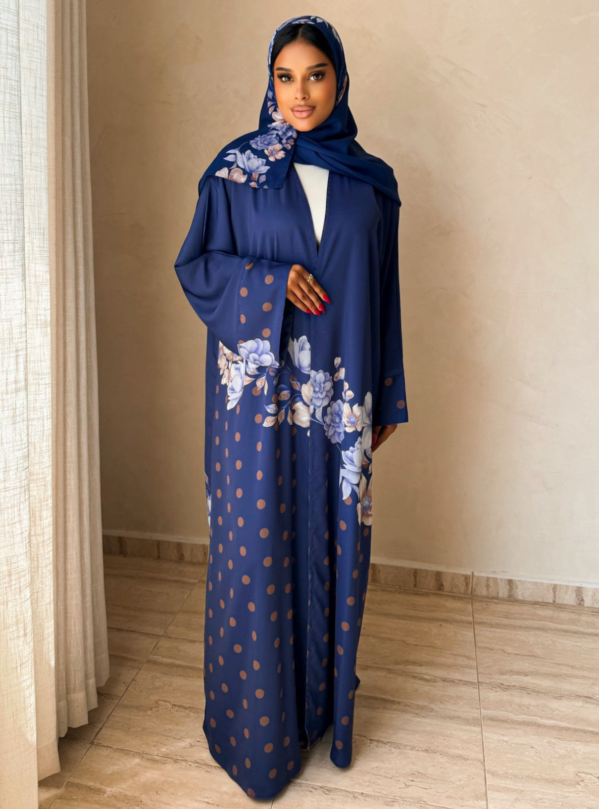 MEI740 - Sapphire Blue Half Bisht Polka Floral Abaya with Matching Headscarf
