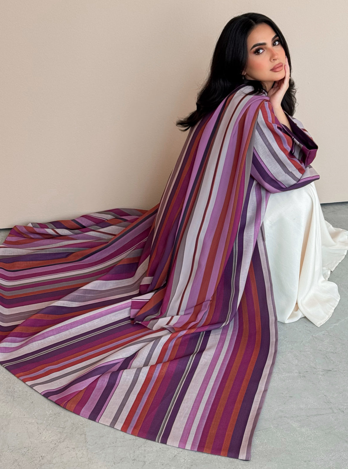 MEI762 - Striped A-Cut Linen Abaya with Matching Headscarf