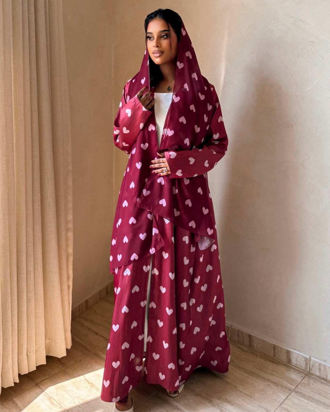 MEI721 - Maroon & Pink Hearts Organza Abaya ♥️🩷