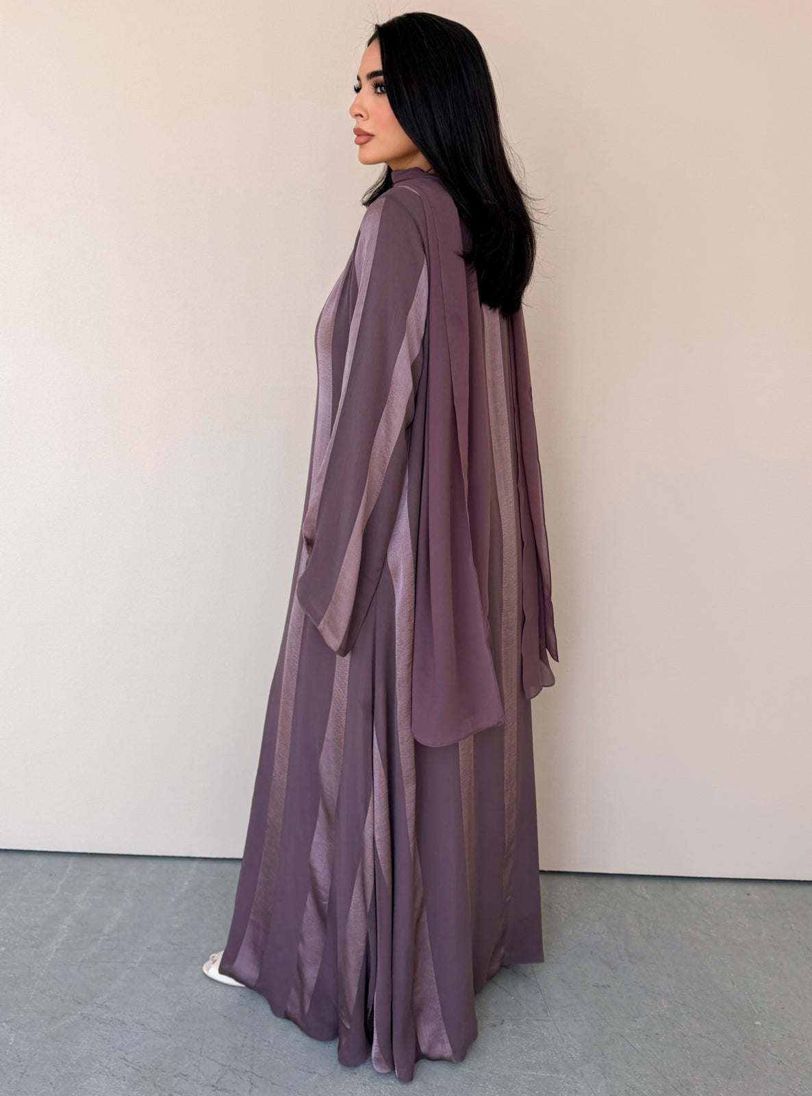MEI769 - Aura A-Cut Abaya in Dusty Mauve with Matching Headscarf