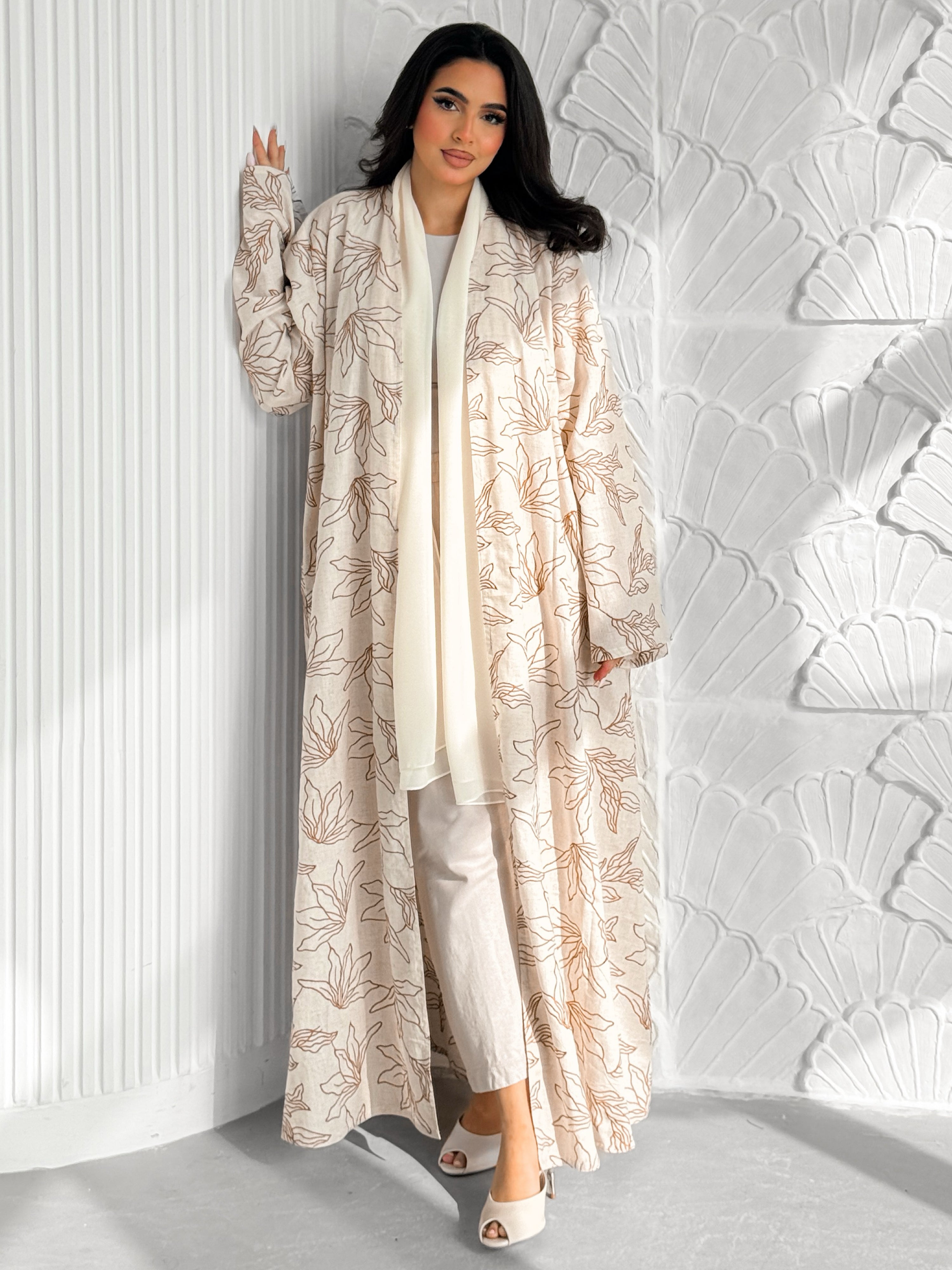 MEI606 - Indian Linen Abaya with Brown Embroidery