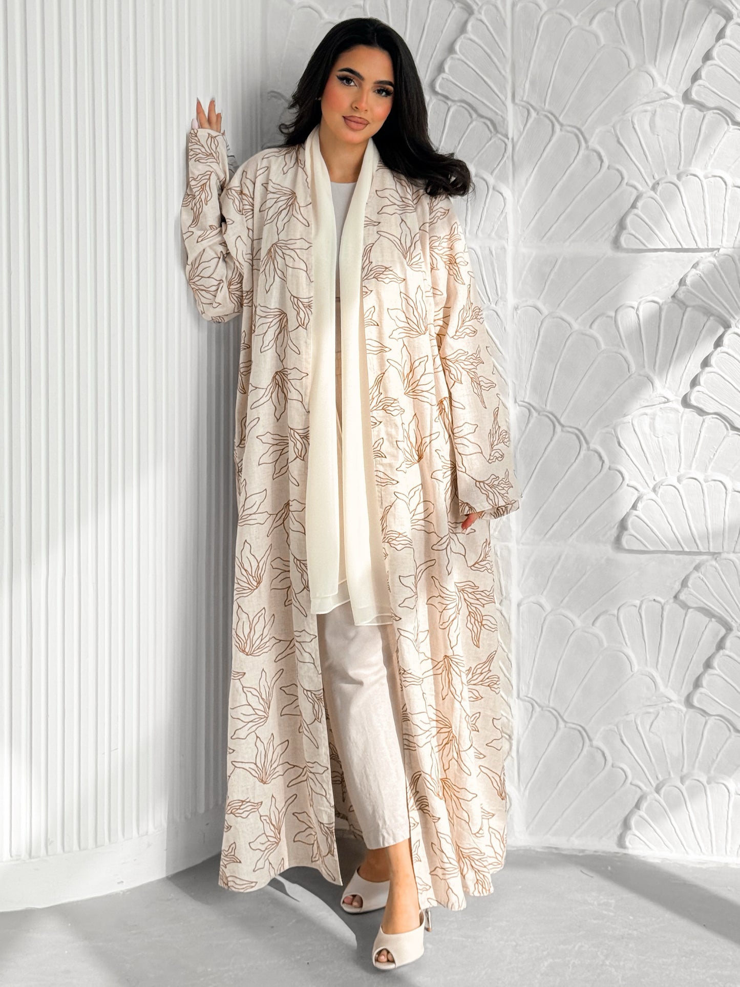 MEI606 - Indian Linen Abaya with Brown Embroidery