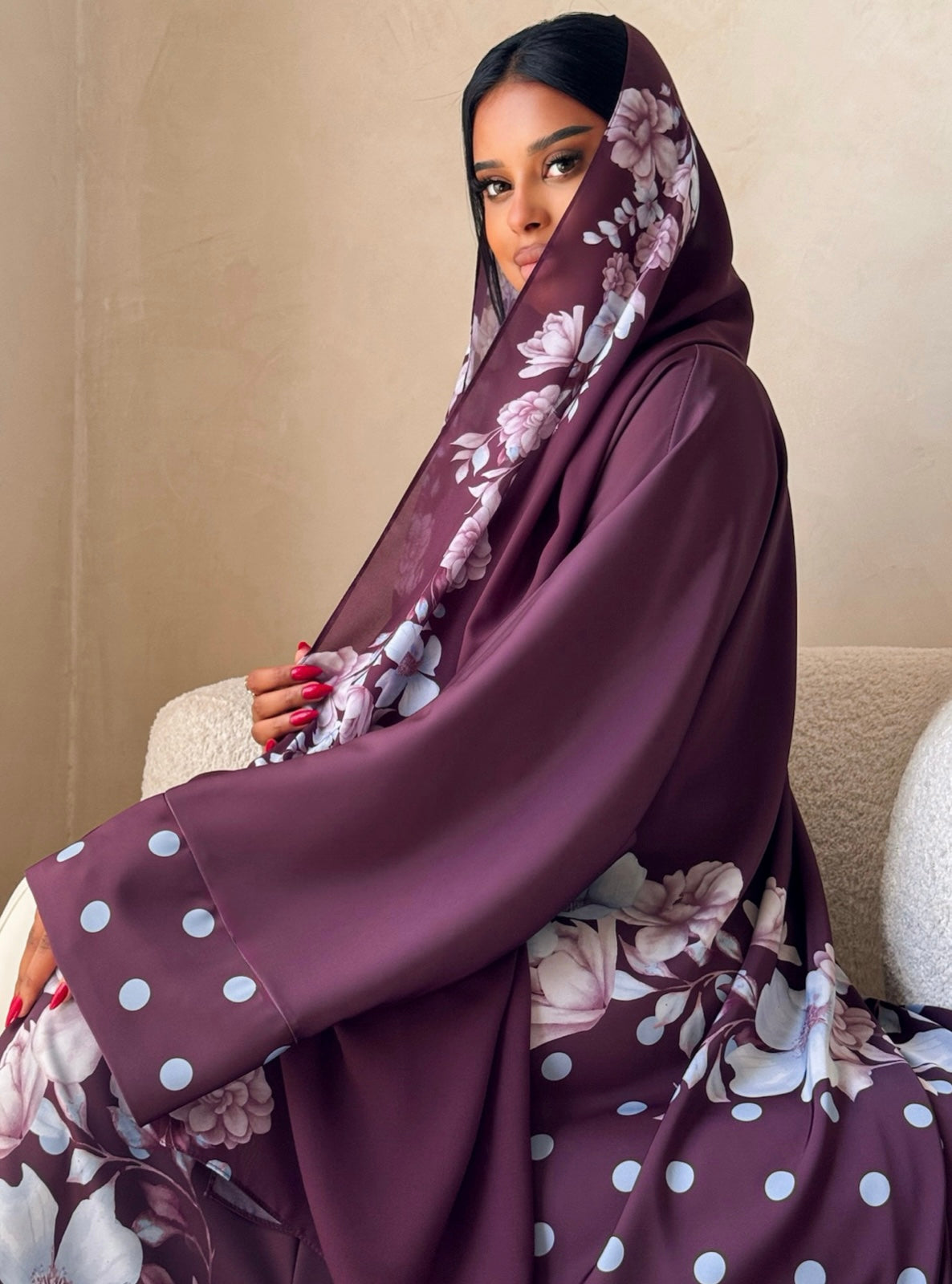 MEI742 - Plum Half Bisht Polka Floral Abaya with Matching Headscarf